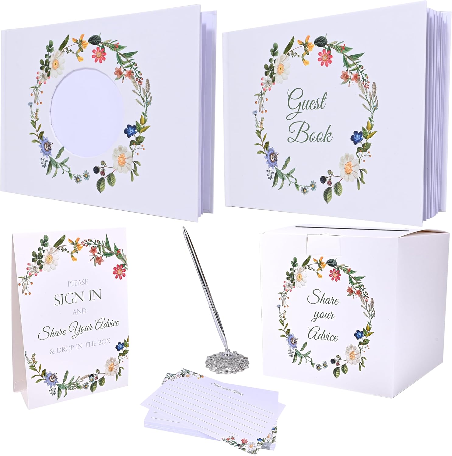 All-in-One Wedding Guest Book Set with Photo Album, Advice Cards, Drop Box, Table Sign, Pen & Holder – Wedding Guest Book for Polaroid Pictures – Elegant Floral Wedding Keepsake Kit