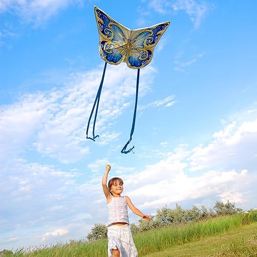 Miniatura 3 de Xida Increíble cometa de mariposa para niños y adultos, cuerda de una sola línea fácil de volar con cola larga para viajes a la playa, parque,