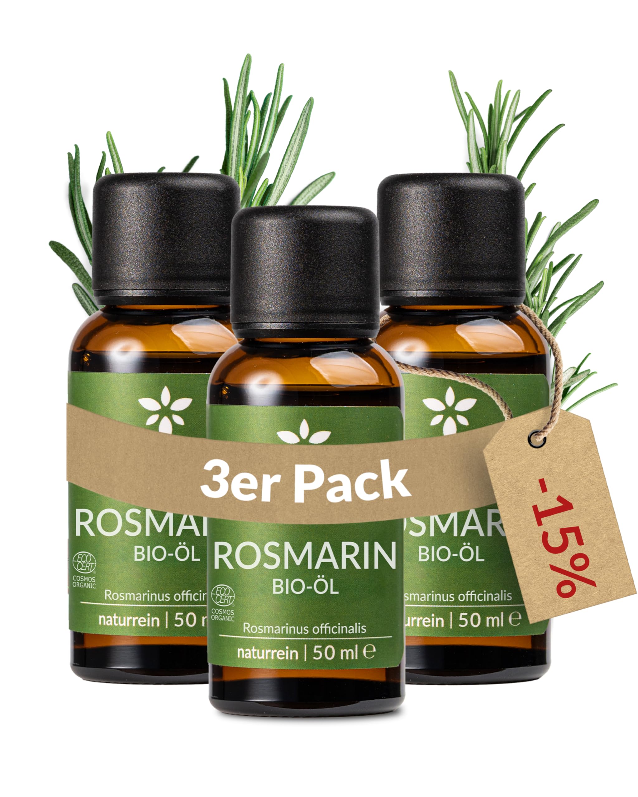Heldengrün® BIO Rosmarinöl 50 ml [Inkl. PIPETTE] Natürlicher Haar-Booster - 100% naturreines Rosmarin Öl für Haare & Kopfhaut - Haaröl Rosmarinöl Haare - 3 x 50 ml
