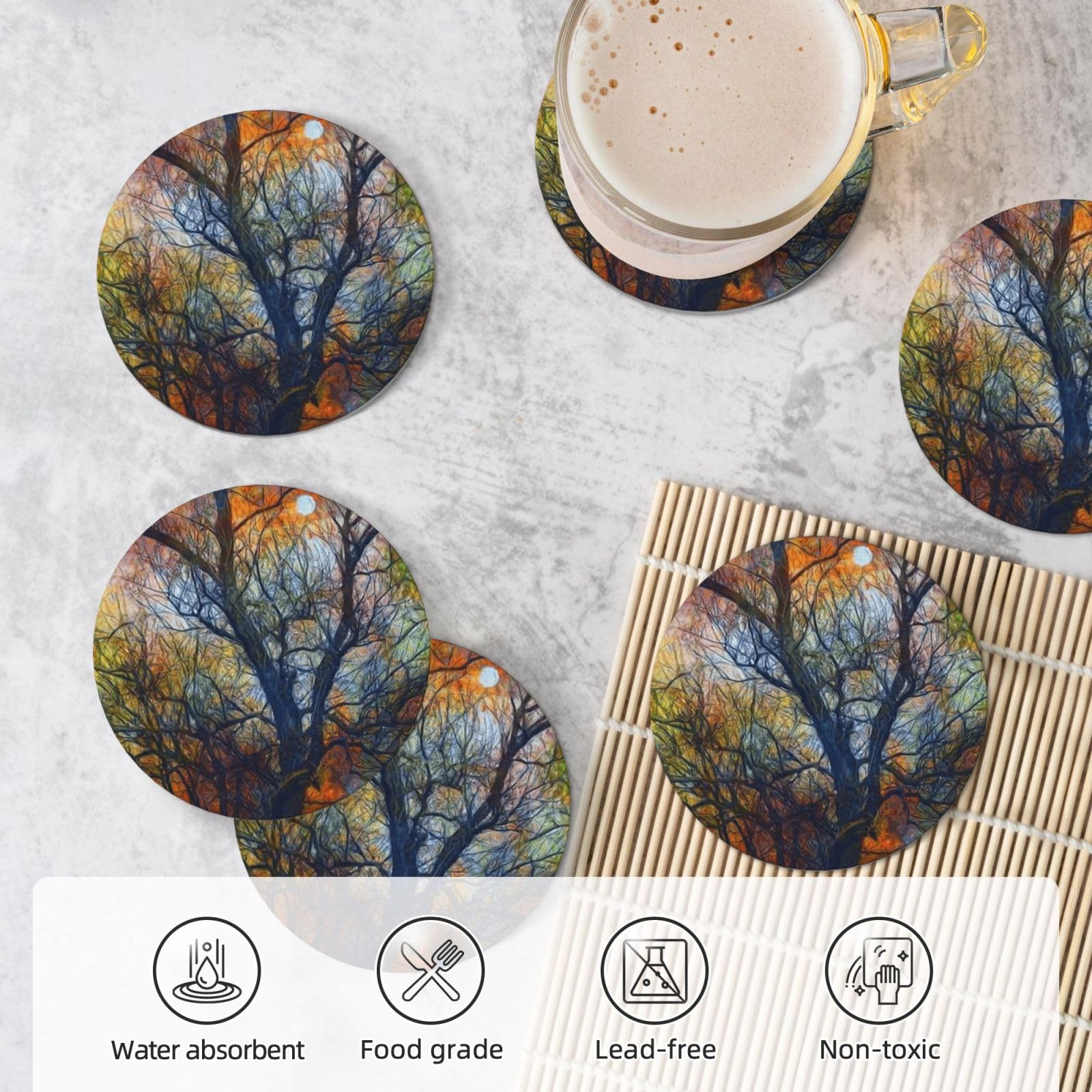 Set di 6 sottobicchieri decorativi in ceramica con stampa di alberi colorati