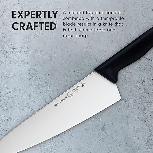 Miniatura 5 de Messermeister Pro Series - Cuchillo de chef de hoja ancha de 10 pulgadas, acero inoxidable alemán X50 y mango de polifibra aprobado por NSF, borde