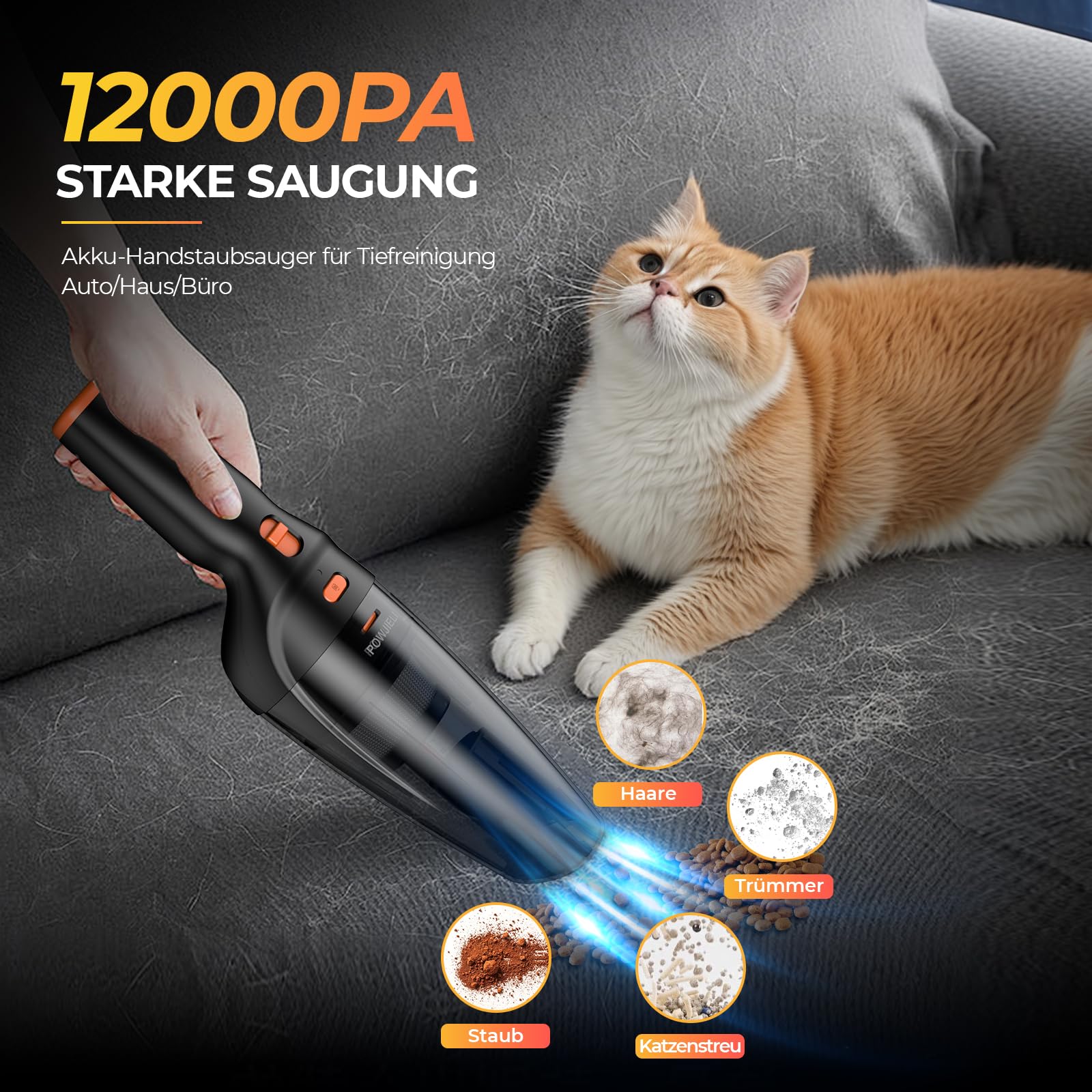 Handstaubsauger,12000Pa Handstaubsauger Akku mit Ladestation,Auto Staubsauger Kabellos mit 3 Waschbar HEPA-Filter,Nass&Trocken Beutellos Staubsauger Stark für Haus, Büro, Auto, Tierhaare