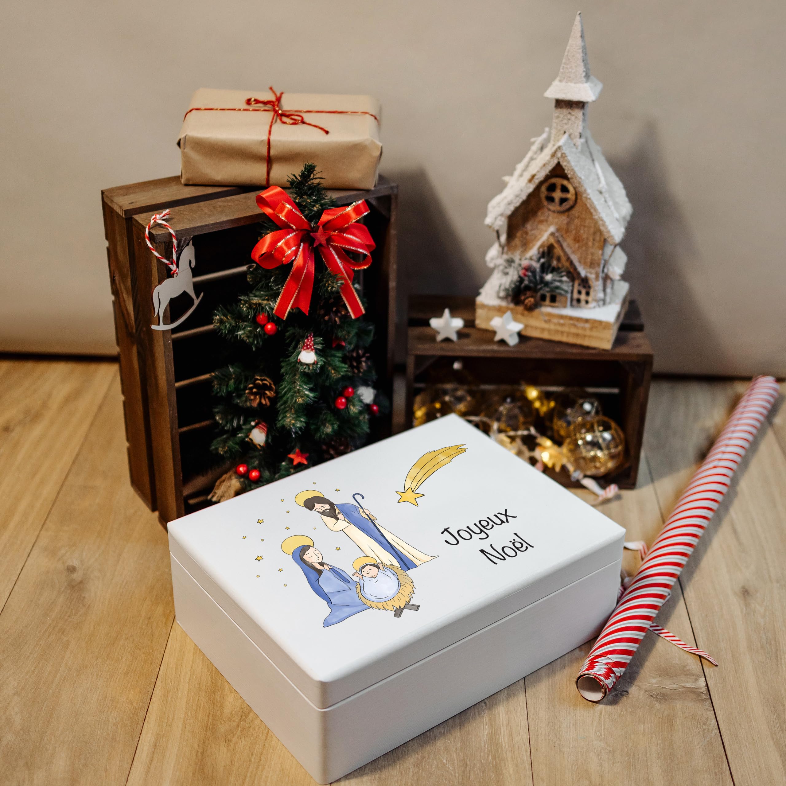 Creative Deco Personnalisé Idee Cadeau Noel pour Femme et Homme - Texte Désiré Boîte en Bois Blanc - Thème Sainte Famille | Votre Original Cadeaux Personnalisé | Decoration Personnalisable