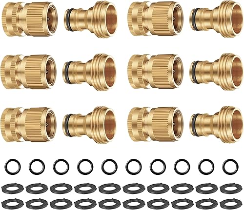 Manguera de jardín de conexión rápida, paquete de 6 accesorios de manguera de jardín de latón macizo resistente de 34 pulgadas con 20 arandelas