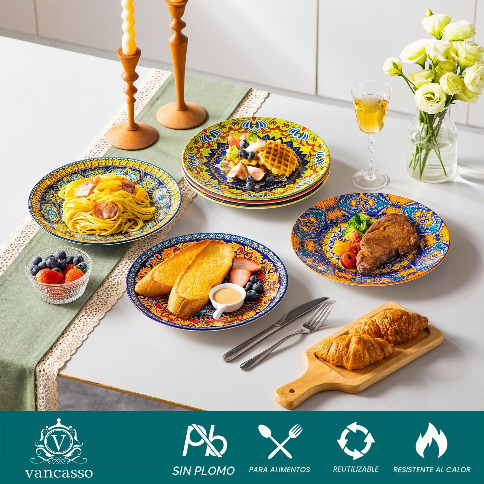 vancasso Juego de 6 platos llanos, KRVI Juego de platos llanos para 6 personas, Ø 27 cm Juego de platos aptos para lavavajillas y microondas, platos para pasta, platos para desayuno