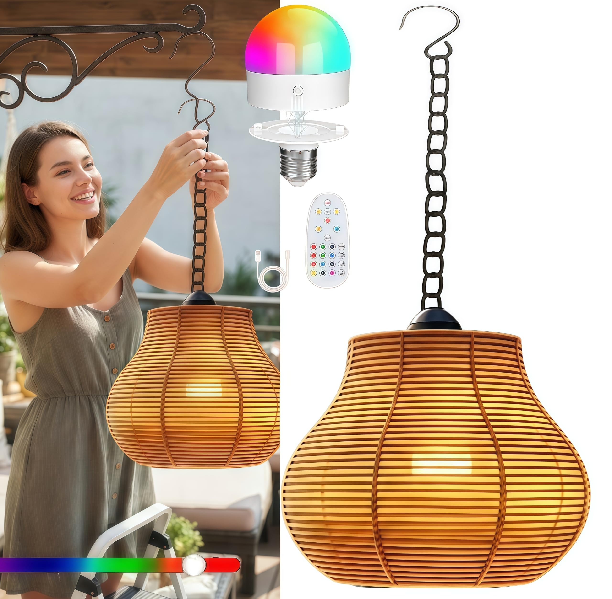 wgzixezn Battery Operated Pendant Light with Remote Rgb Pendant Light Rechargeable Wireless Rgb Pendant Light Rechargeable Hanging Outdoor Chandelier Gazebo Lights with Timer Stepless Dimming