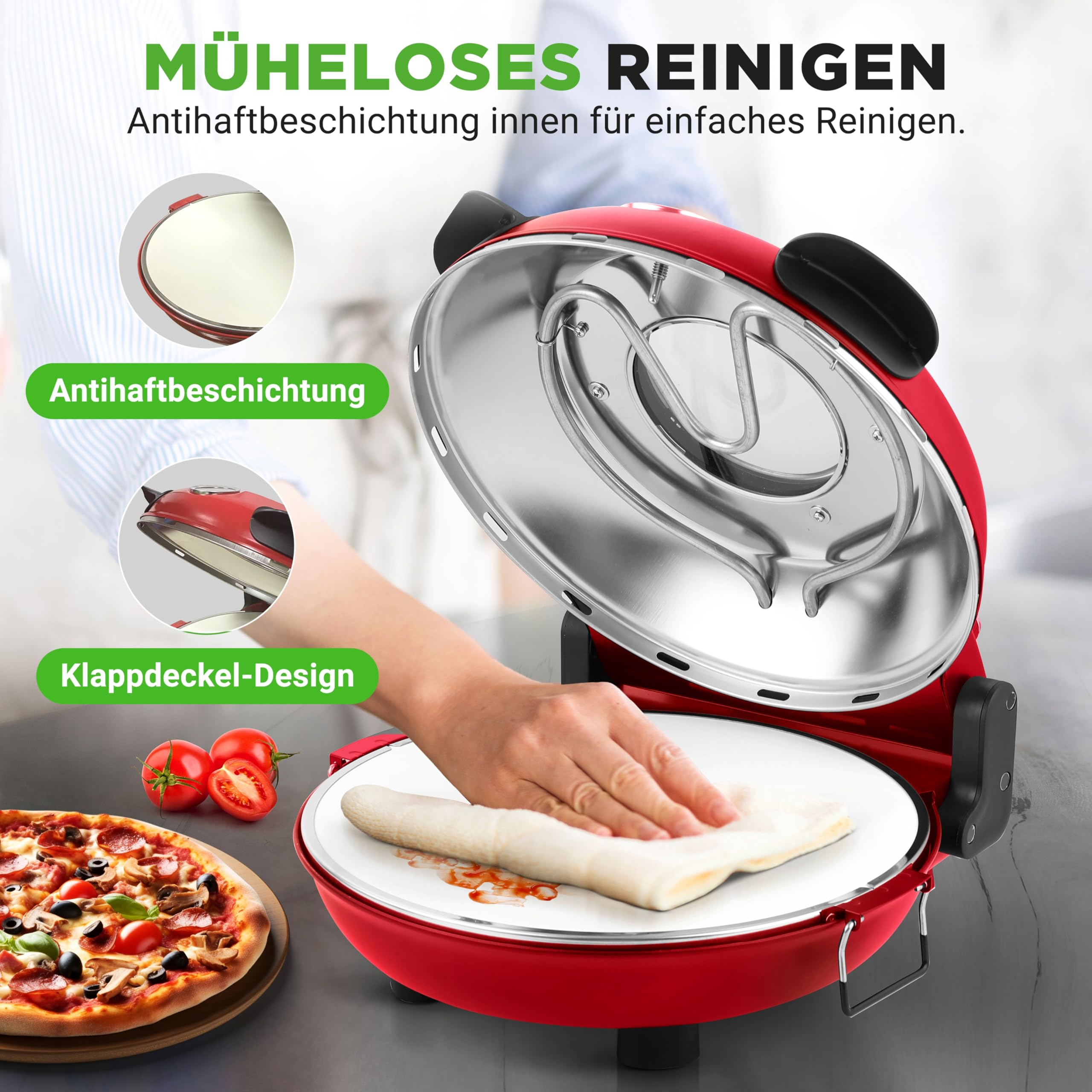 NutriChef Pizzaofen Elektrisch – Ø 35,5cm Abnehmbarer Keramikstein, 1200W bis 430°C, Ober-/Unterhitze Getrennt Regelbar, Sichtfenster, Antihaft