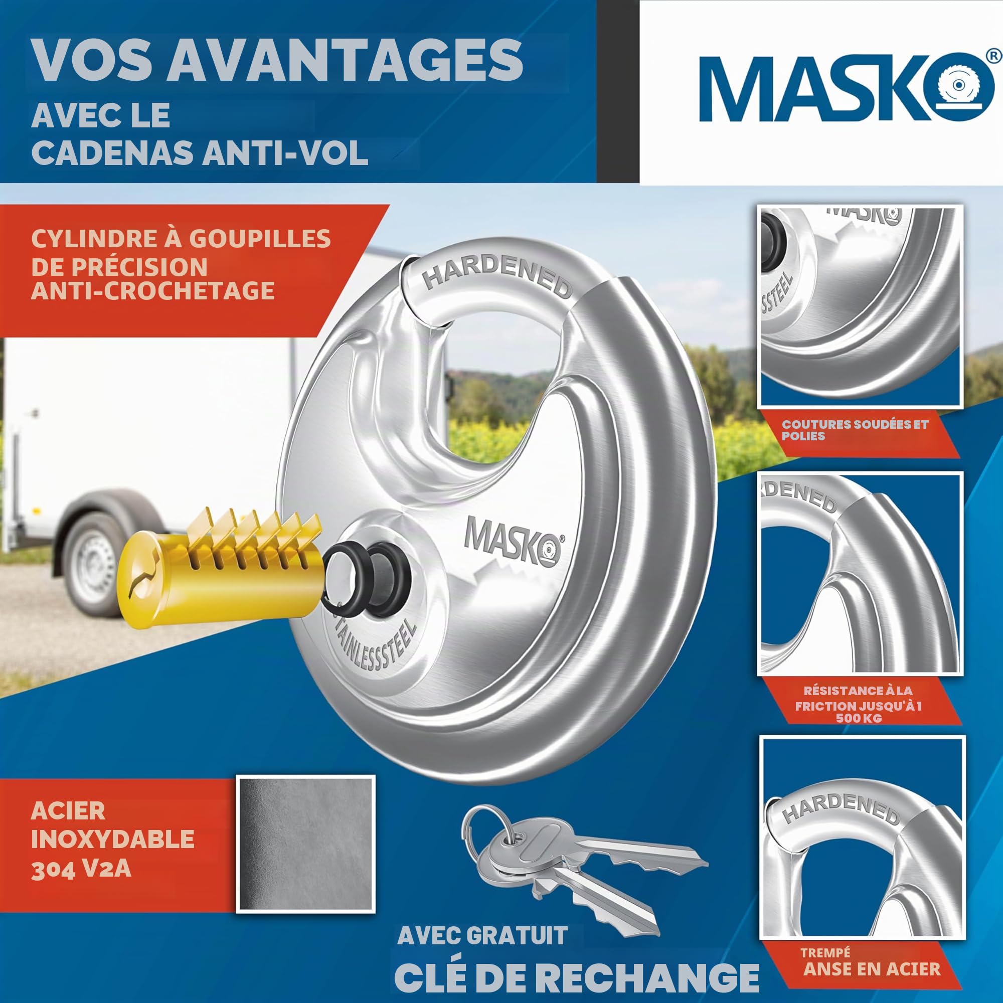 MASKO Serrure de remorque avec système à charnière - Accroché et décroché, protection antivol, avec serrure à disque, clé et capuchon de protection, argent