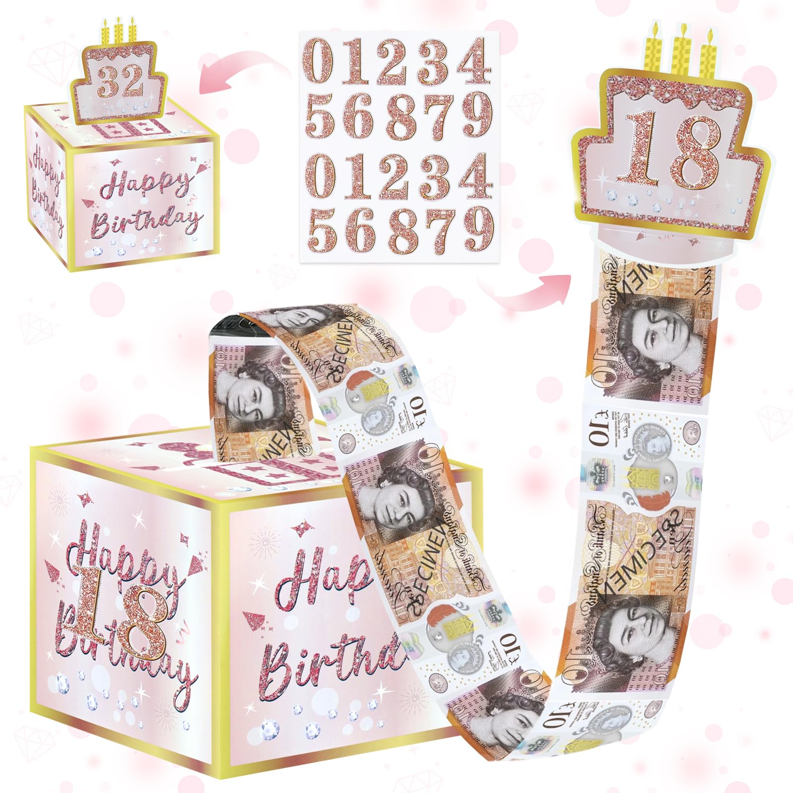 Happy Birthday Gift Box for Any Age, Surprise Gift Box with DIY Stickers and 50 Clear Bags to Give Money to Girls and Women at Birthday Party-image-34