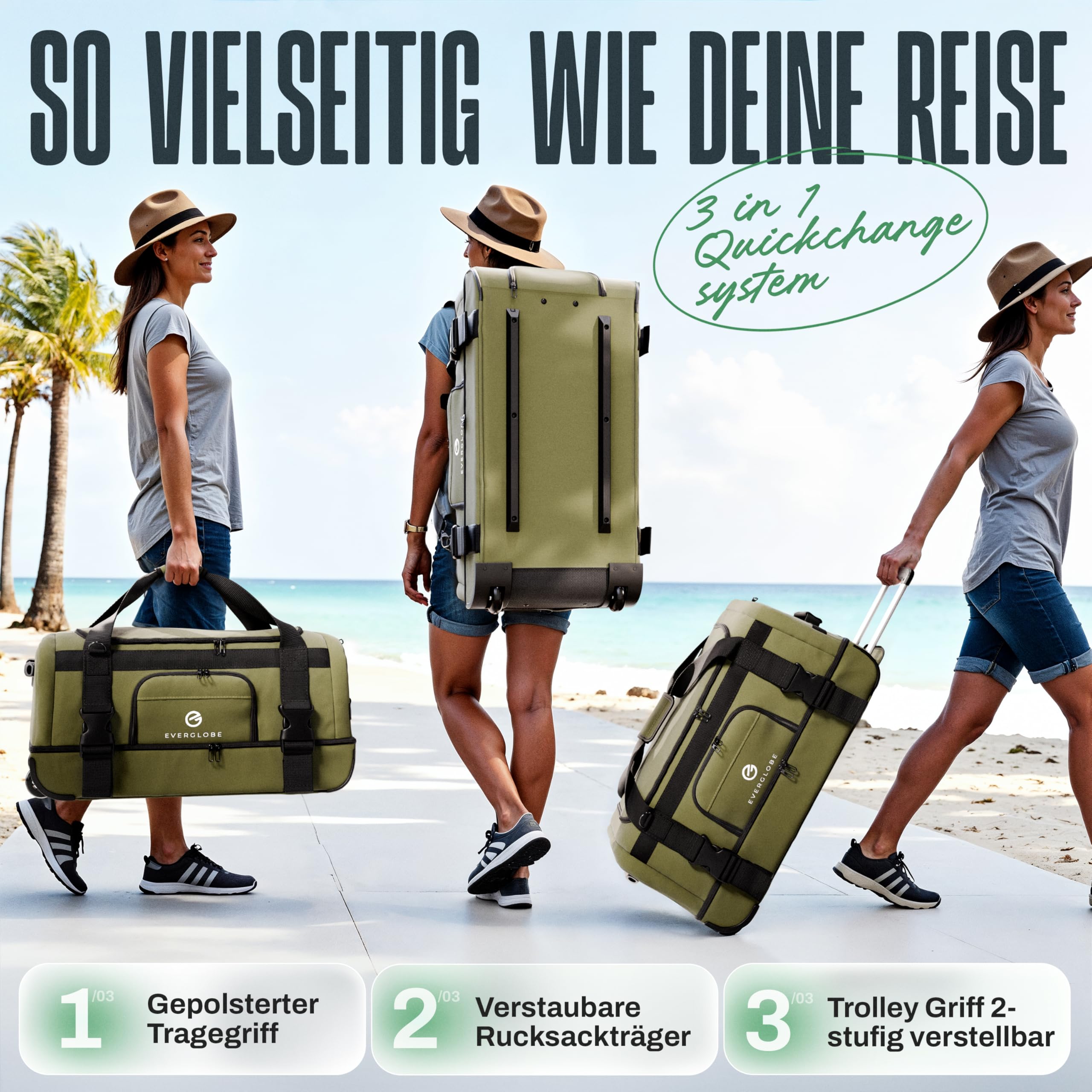 Reisetasche mit Rollen 120L Groß XXL [Khaki] 3in1 Luggage - Tasche, Trolley, Rucksack mit Rollen | Travel Bag, Reisetaschen für Herren & Damen, Reisetasche Herren | Rollkoffer oder Reise Tasche