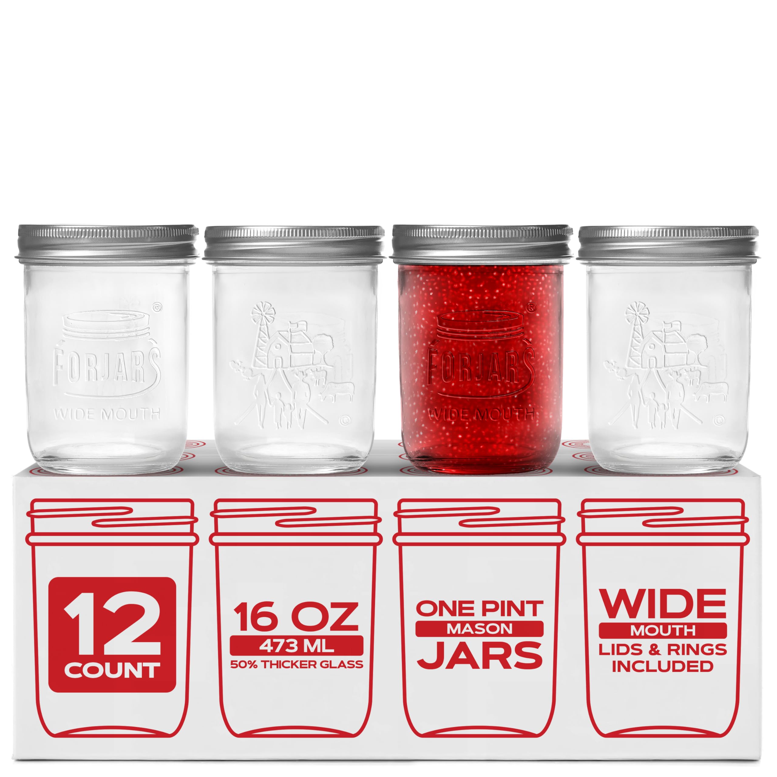 FORJARS® Premium Mason Jars with Lids – 16oz | Wide Mouth Canning Jars | 12-Pack Glass Jars for Jam, Jelly, Pickling, Food Storage, Freezer Safe, Airtight Bulk Set