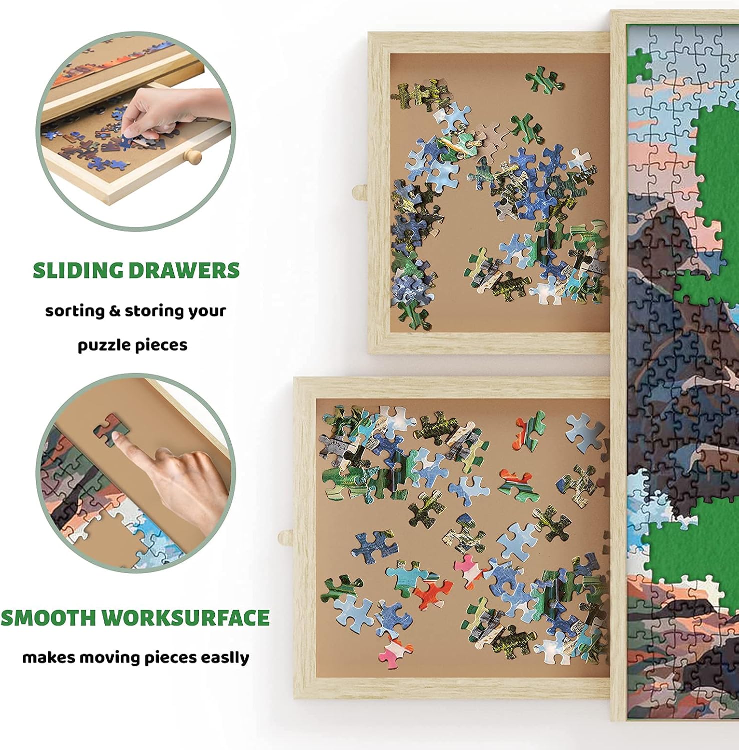 Kerrogee Wooden Puzzle Table/Board, Making Bit and Pieces Storage Conveniently, with 4 Drawers, Perfect Choice for Gift, Party, for Both Children and Adults (1500-pcs)