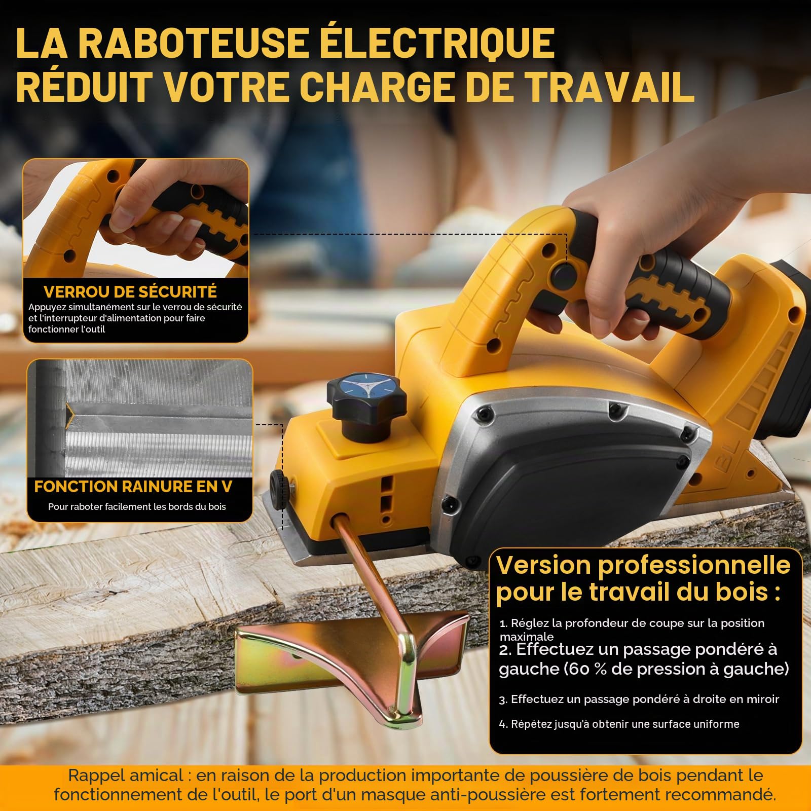 Raboteuse à main sans fil pour batterie Dewalt 18 V 20 V, rabot électrique sans balais 15 000 tr/min, largeur de coupe de 82 mm, profondeur de coupe de 0 à 2 mm, rabot électrique pour le travail du