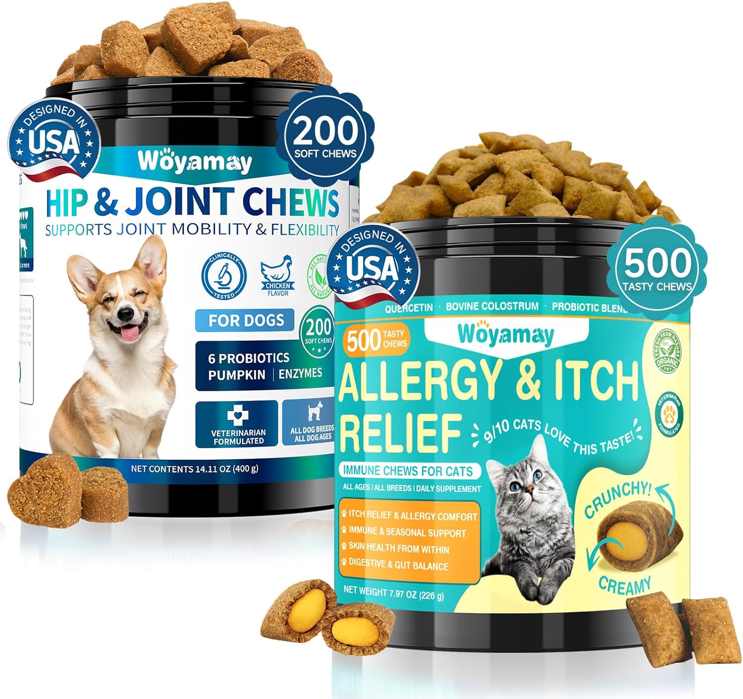 Cat Allergy Relief & Dog Hip and Joint Chews | 500 Crunchy & Creamy Anti-Itch Cat Chew + 200 Soft Dog Joint Chews with Glucosamine, Chondroitin, MSM | Seasonal Itch Relief & Mobility Support