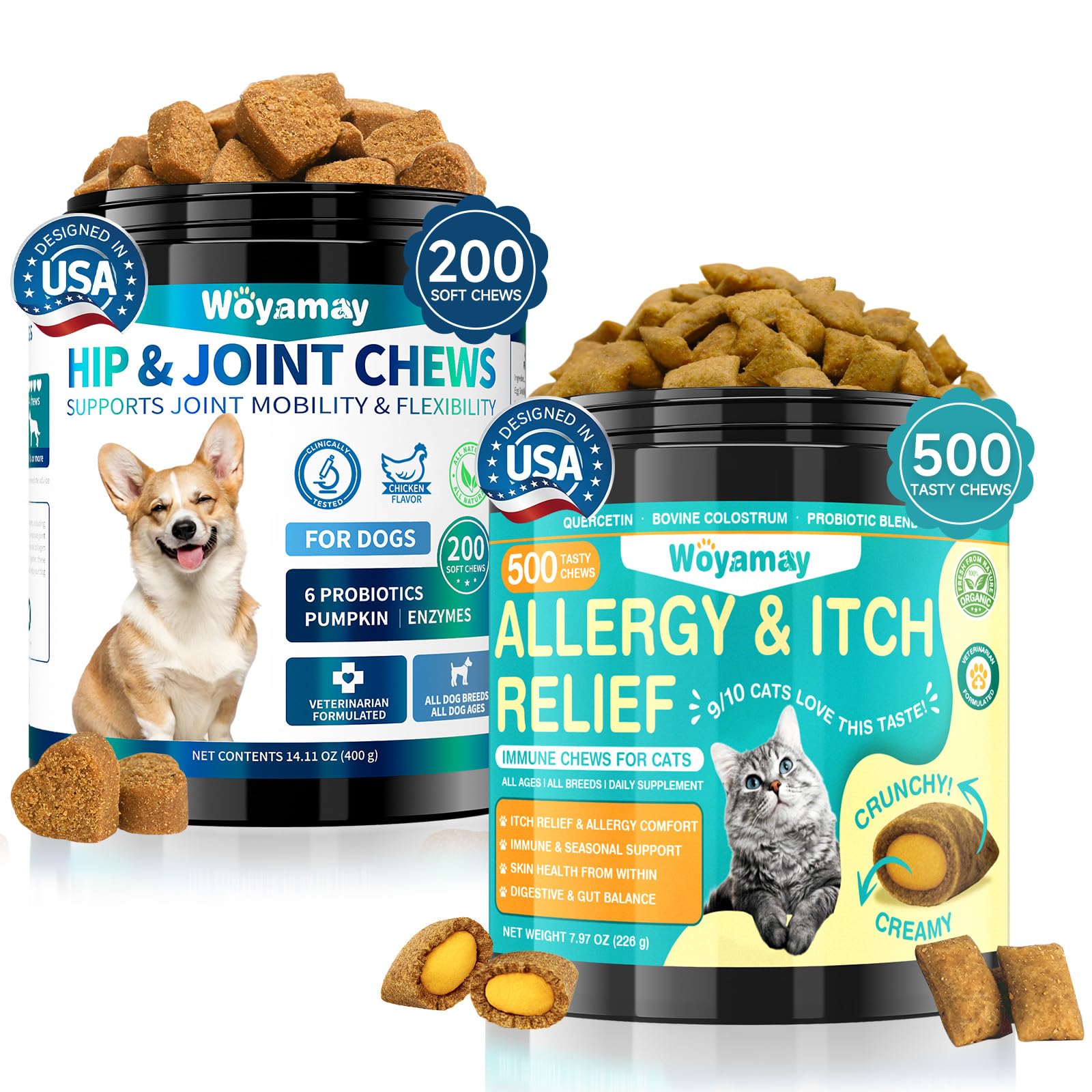 Cat Allergy Relief & Dog Hip and Joint Chews | 500 Crunchy & Creamy Anti-Itch Cat Chew + 200 Soft Dog Joint Chews with Glucosamine, Chondroitin, MSM | Seasonal Itch Relief & Mobility Support