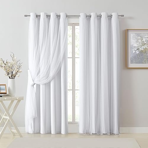 Miniatura 26 de Bujasso Paneles de cortinas opacas negras con superposición transparente, mezcla y combinación, doble capa con aislamiento térmico, juego de Negro