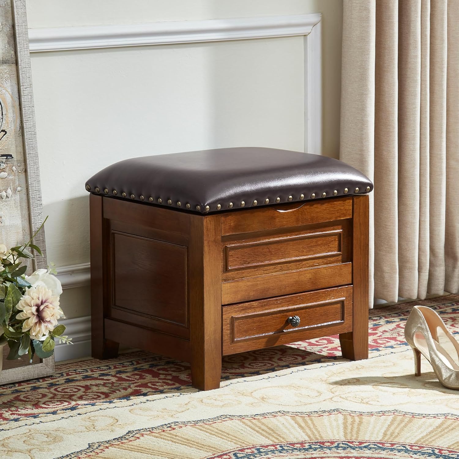 Storage Ottoman with Drawer, Microfiber Leather Padded Top Foot Rest Stool with Nailhead Trim for Bedroom Living Room