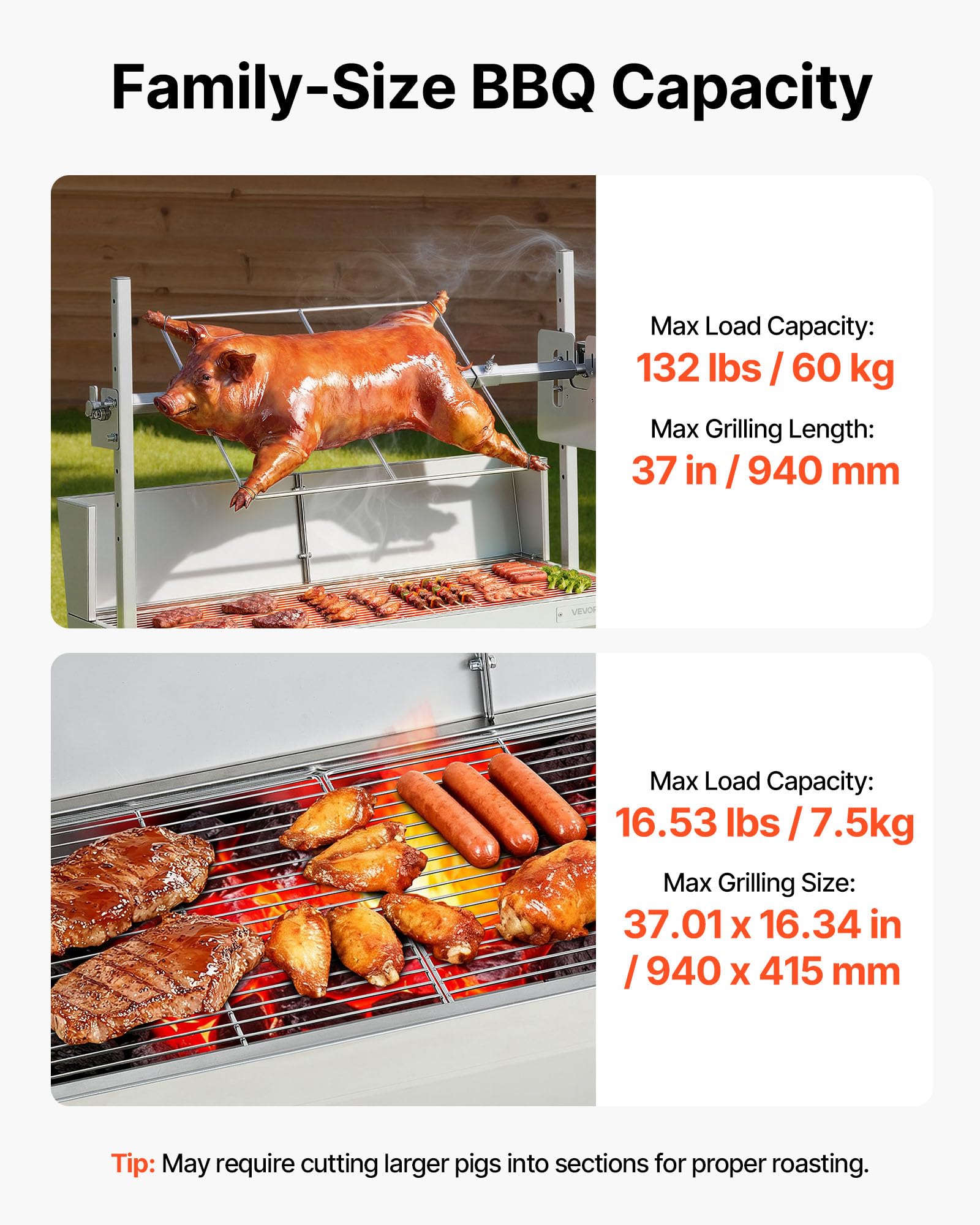 VEVOR Asador Giratorio Eléctrico 7 Niveles de Altura, Capacidad de Carga de 60 kg (37in, Modelo con deflector)