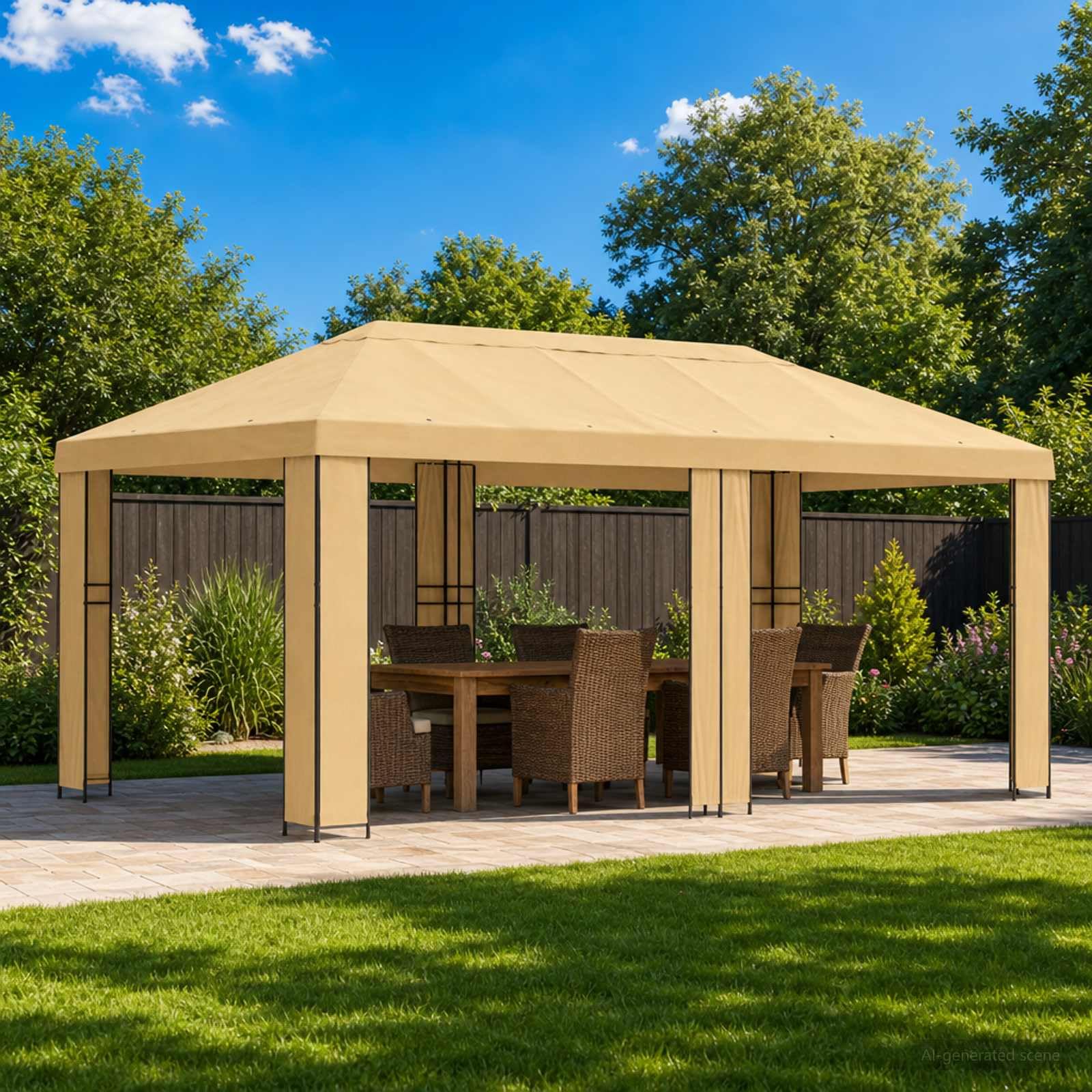 Pawilon ogrodowy, styl przemysłowy, 6 x 3 m, kremowy, z dwiema ramkami z poliestru i stali, zadaszenie 600,5 x 300,5 cm, do nowoczesnych obszarów zewnętrznych