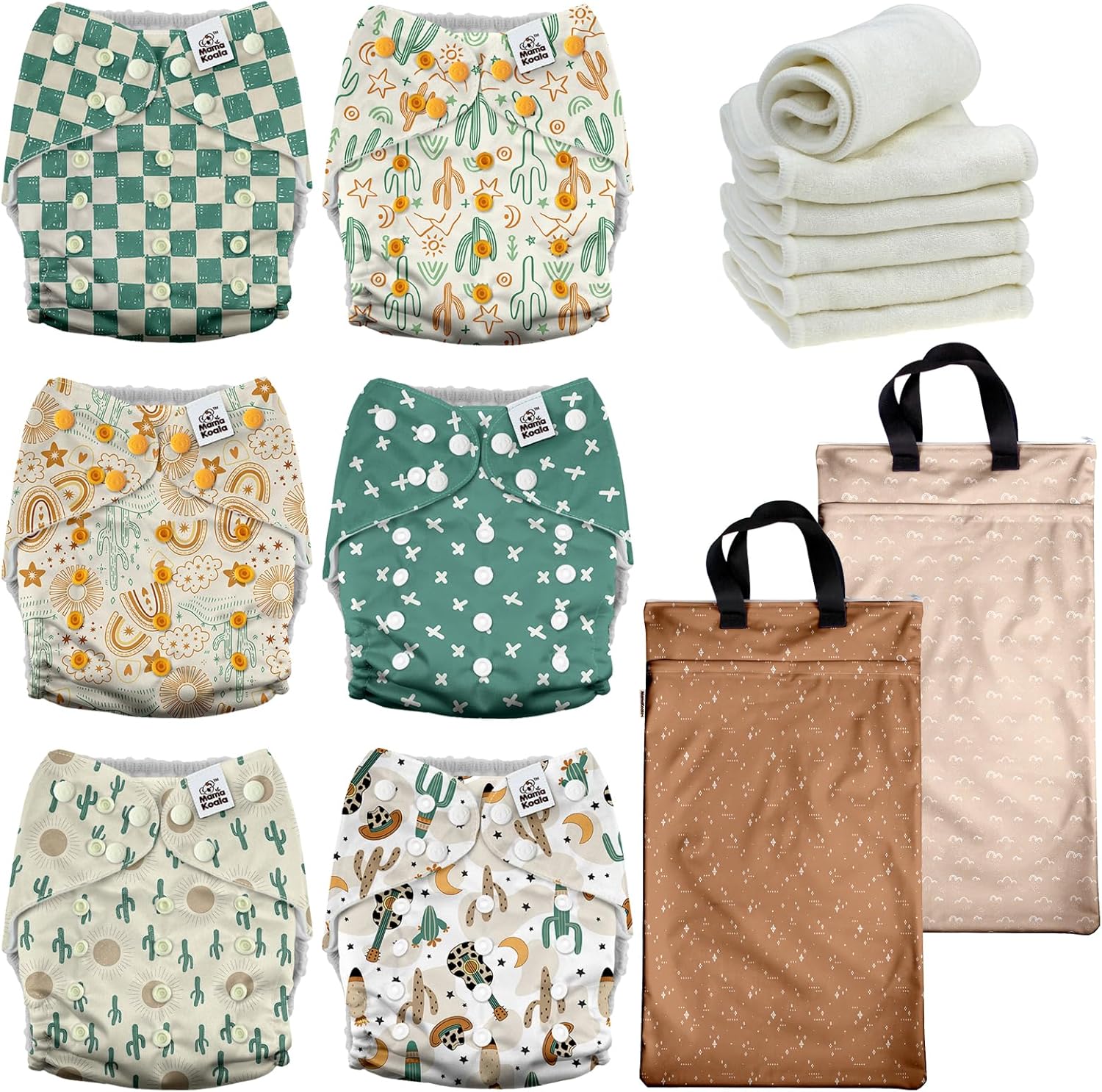 Mama Koala 3.0 Baby Cloth Diapers with 6 Inserts Bundle, with 2 Pack Reusable Hanging Wet Dry Bag