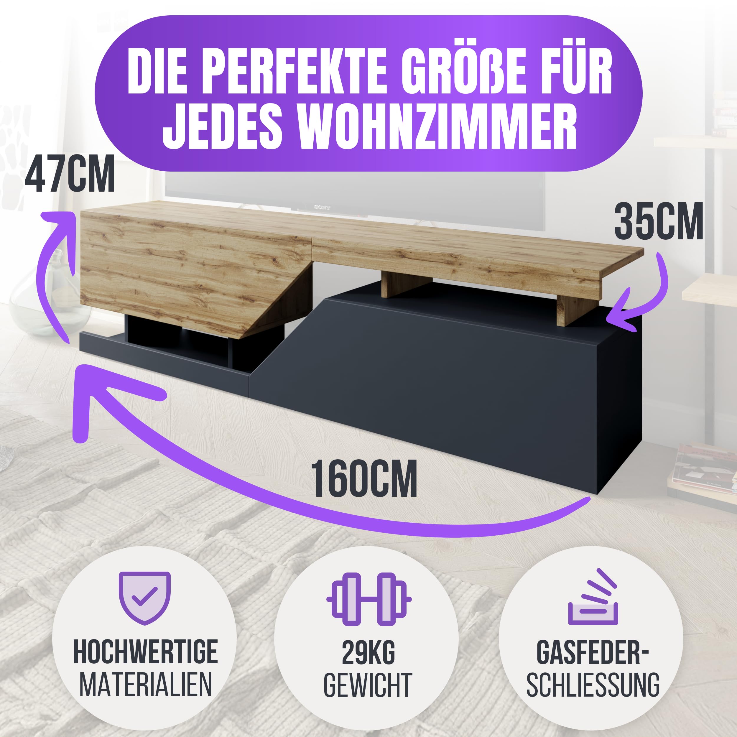 Mirjan24 TV-Lowboard Nesezi 160 mit 2 Klappen (Wotan/Weiß) | TV-Schrank mit geometrischem Design, breiter Ablagefläche, Push-to-open-System und Gasdruckfedern, B/H/T: 160/47/35 cm