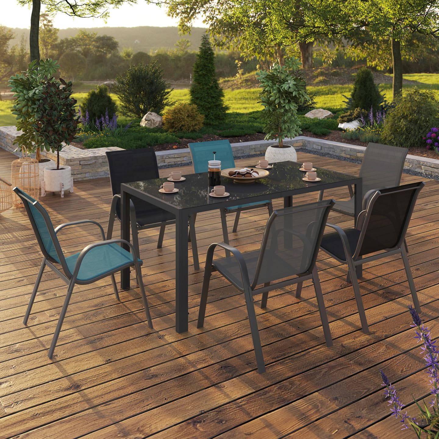 IDMarket - Salon de Jardin Madrid Table 150 CM et 6 chaises empilables Mix Color Gris, Noir et Bleu