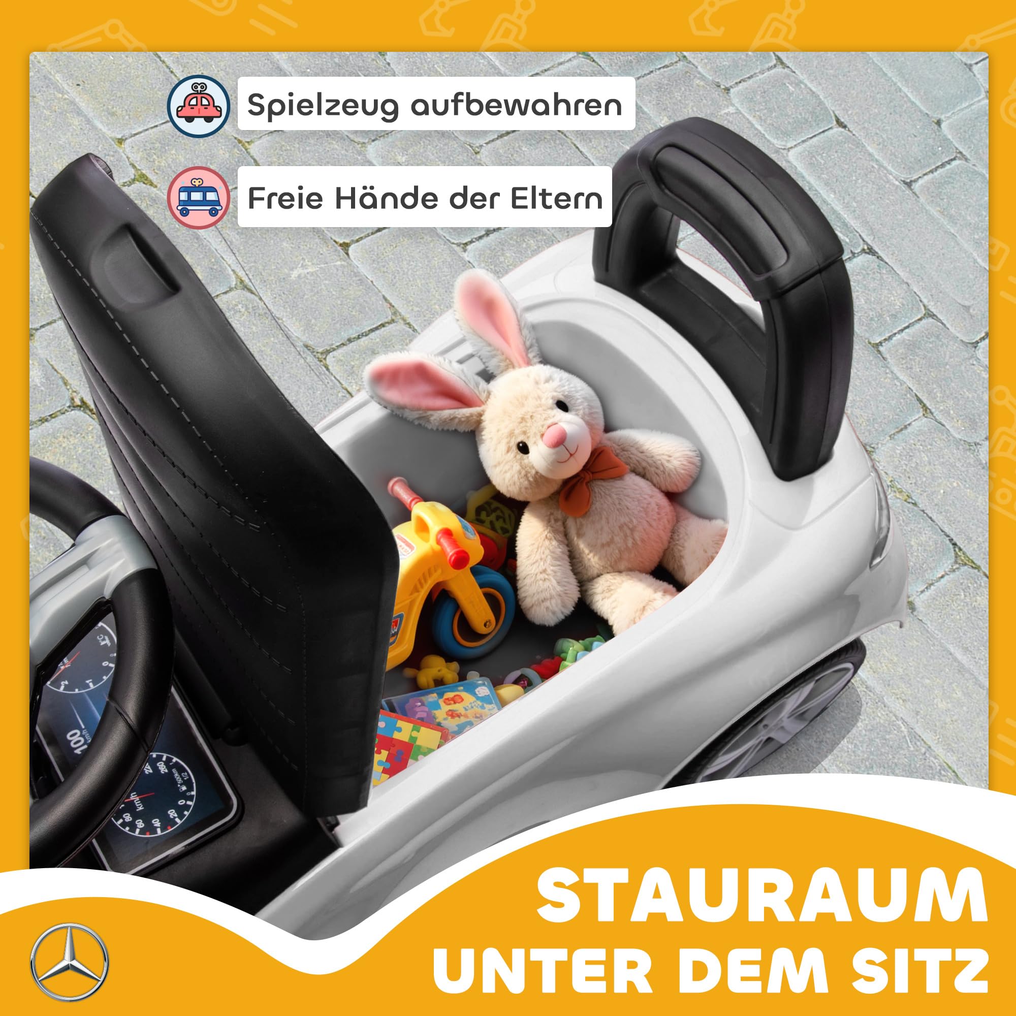 AIYAPLAY Mercedes-Benz C-Class Rutschauto, Rutschfahrzeug mit Hupe, Motorgeräuschen, Kinderfahrzeug mit Stauraum unter dem Sitz, für Kinder von 18-36 Monaten, Weiß