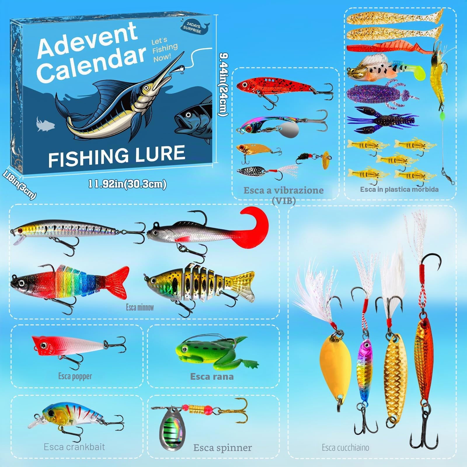 Calendario dell'Avvento 2025, set di esche da pesca, conto alla rovescia per 24 giorni di Natale, con attrezzatura da pesca unica, regalo di alta qualità per papà, nonno, fratello, fidanzato