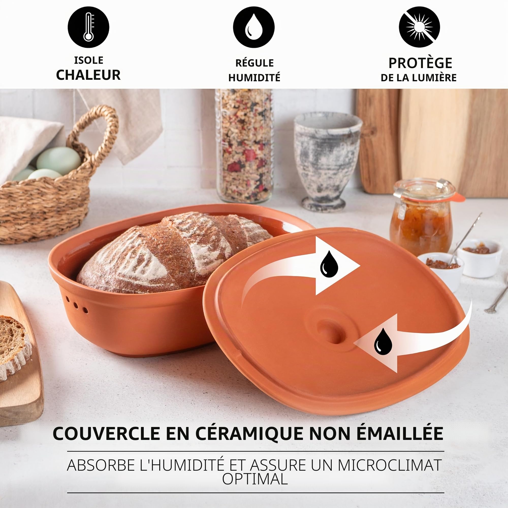 Römertopf Pot à pain ovale en terre cuite naturelle 2 L, système de ventilation et régulation d'humidité, 30 x 21 x 15 cm, terracotta