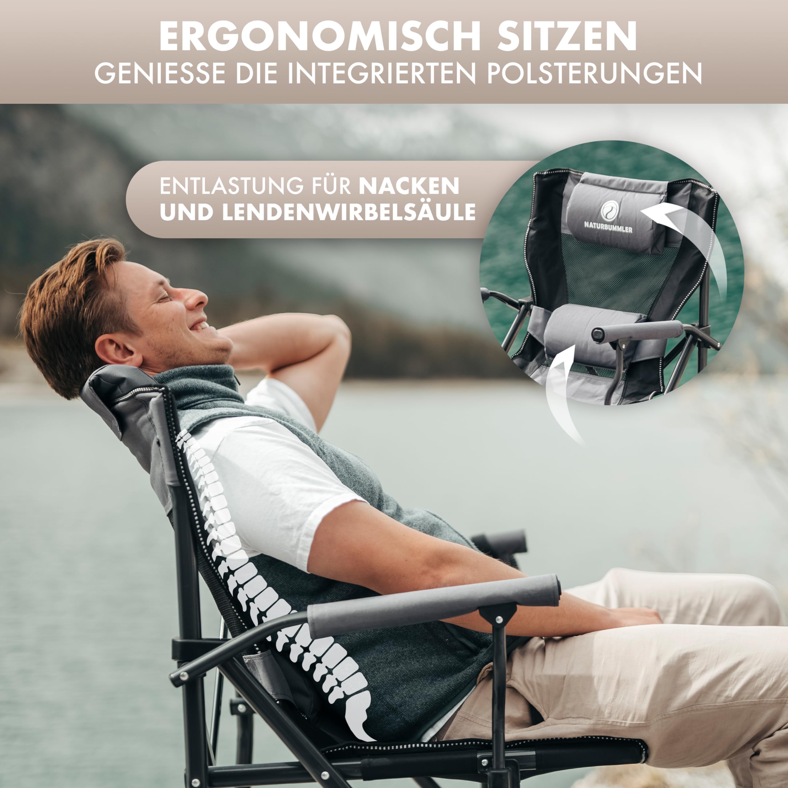 NATURBUMMLER Faltbarer Campingstuhl [Cloud Sit+] mit atmungsaktivem Netzgewebe & hoher Rückenlehne – 150 kg belastbar – Bequemer Campingsessel für Garten, Camping, Angeln & Outdoor