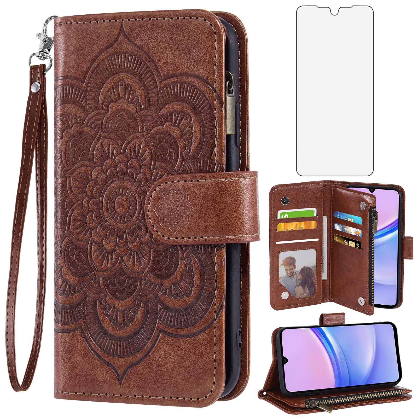 Coque Samsung Galaxy A15 5G style fleur en cuir avec rabat pour sorties citadines