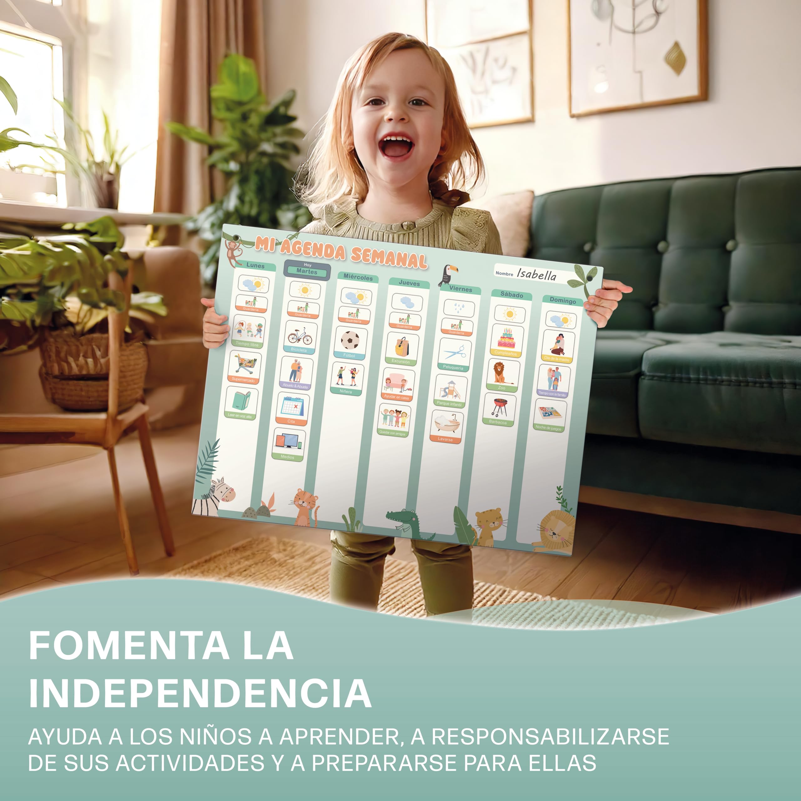 Planificador semanal para niños - Pizarra magnética Montessori con un bonito diseño que incluye 196 imanes y un bolígrafo - Juegos educativos a partir de 3 años - Calendario infantil