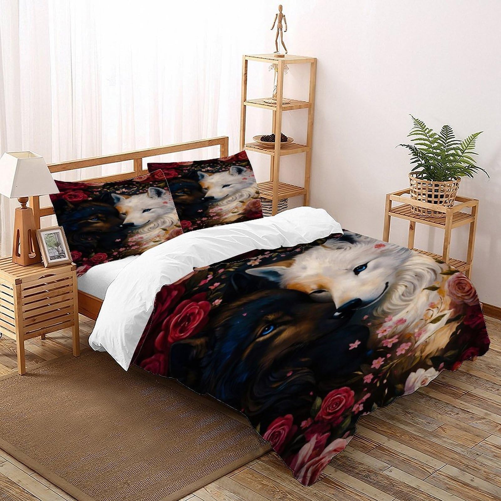Parure de couette loup microfibres lit super king 260x220cm ambiance nature forêt sauvage