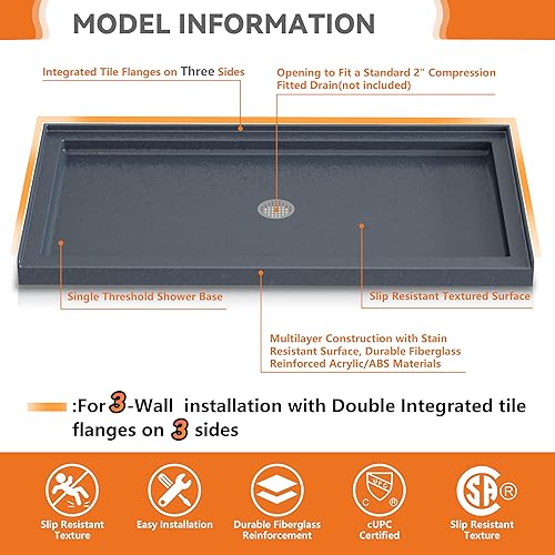 Miniatura 4 de CKB Base de ducha de 60 pulgadas de largo x 32 pulgadas de ancho, umbral único, drenaje central con superficie texturizada antideslizante, sartén de