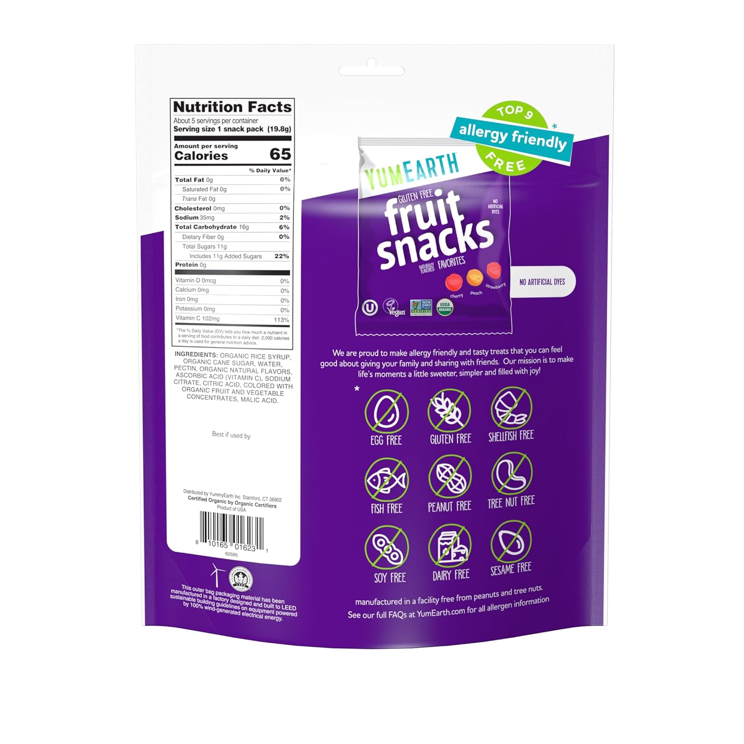 YumEarth Organic Fruit Snacks, Fruit Flavored Snack Packs, Allergy Friendly, Gluten Free, Non-GMO, Vegan, No Artificial Flavors or Dyes (5 Snack Packs)