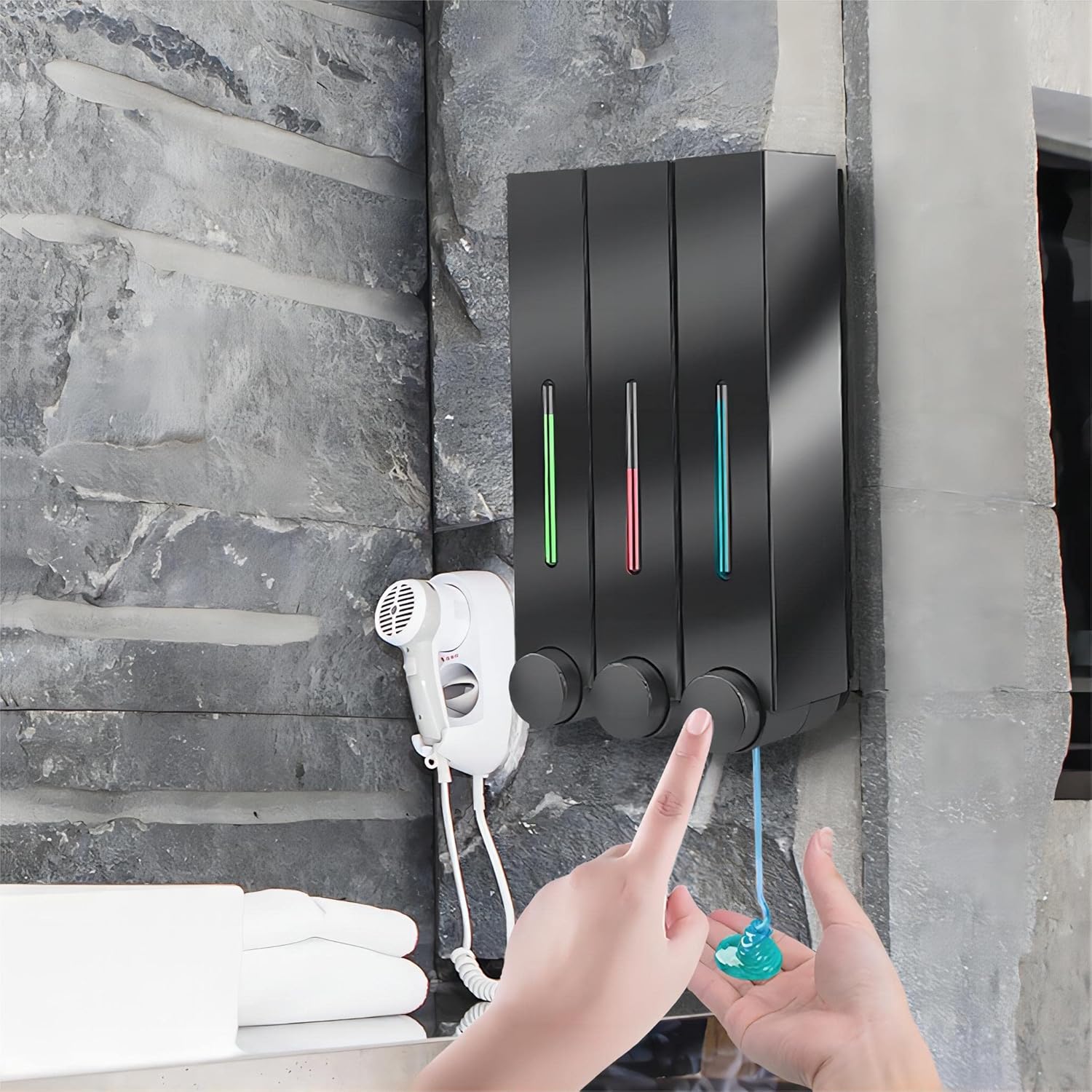 Wall Mounted Dispenser, 3 Chamber Manual Shower Pump Organizer Refillable Shampoo Bottle for Home Bath Kitchen Hotels Restaurants