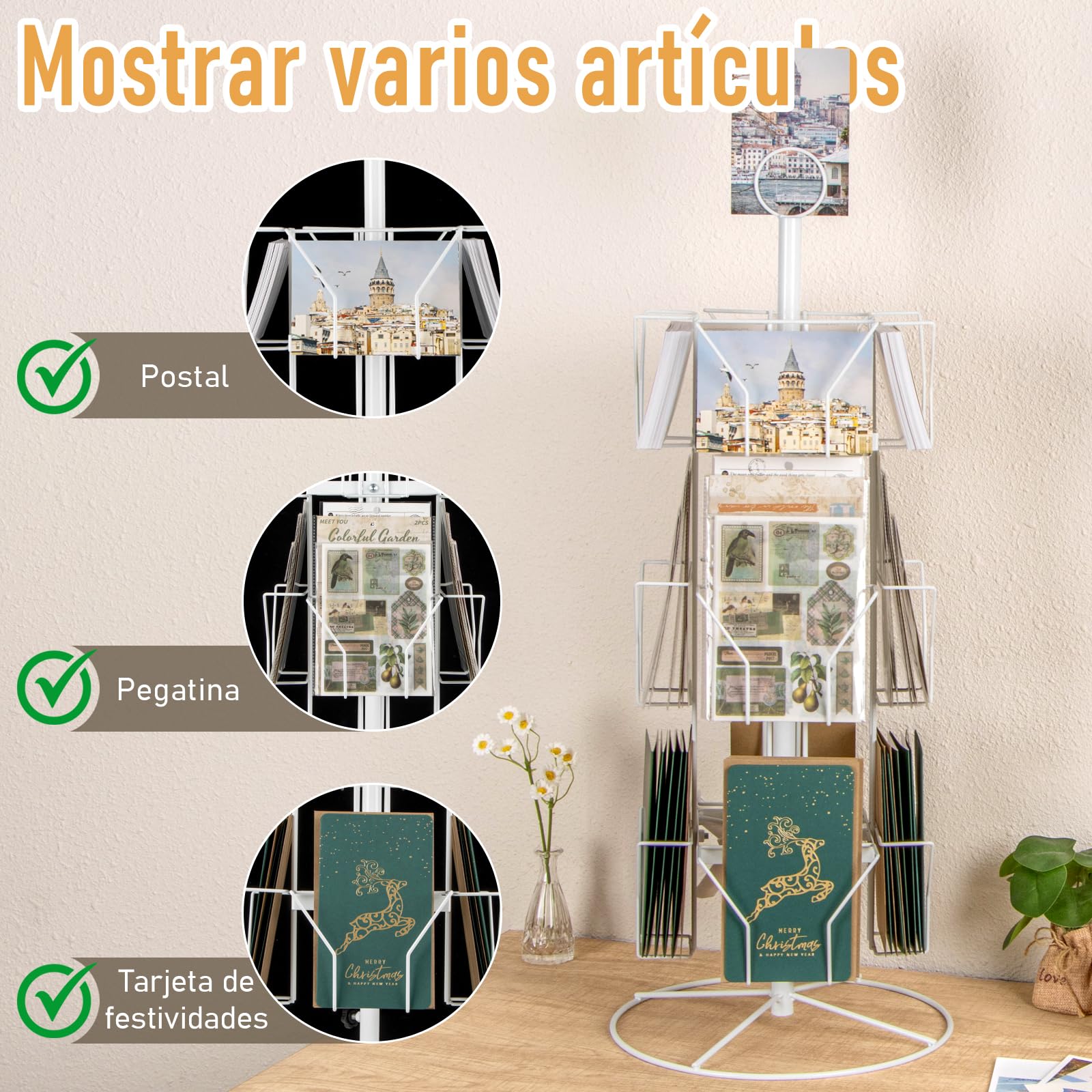ANBOXIT Soporte de exhibición de tarjetas de felicitación, soporte giratorio para estante, para tarjetas postales adhesivas, tarjetas minoristas, metal blanco 12 bolsillos