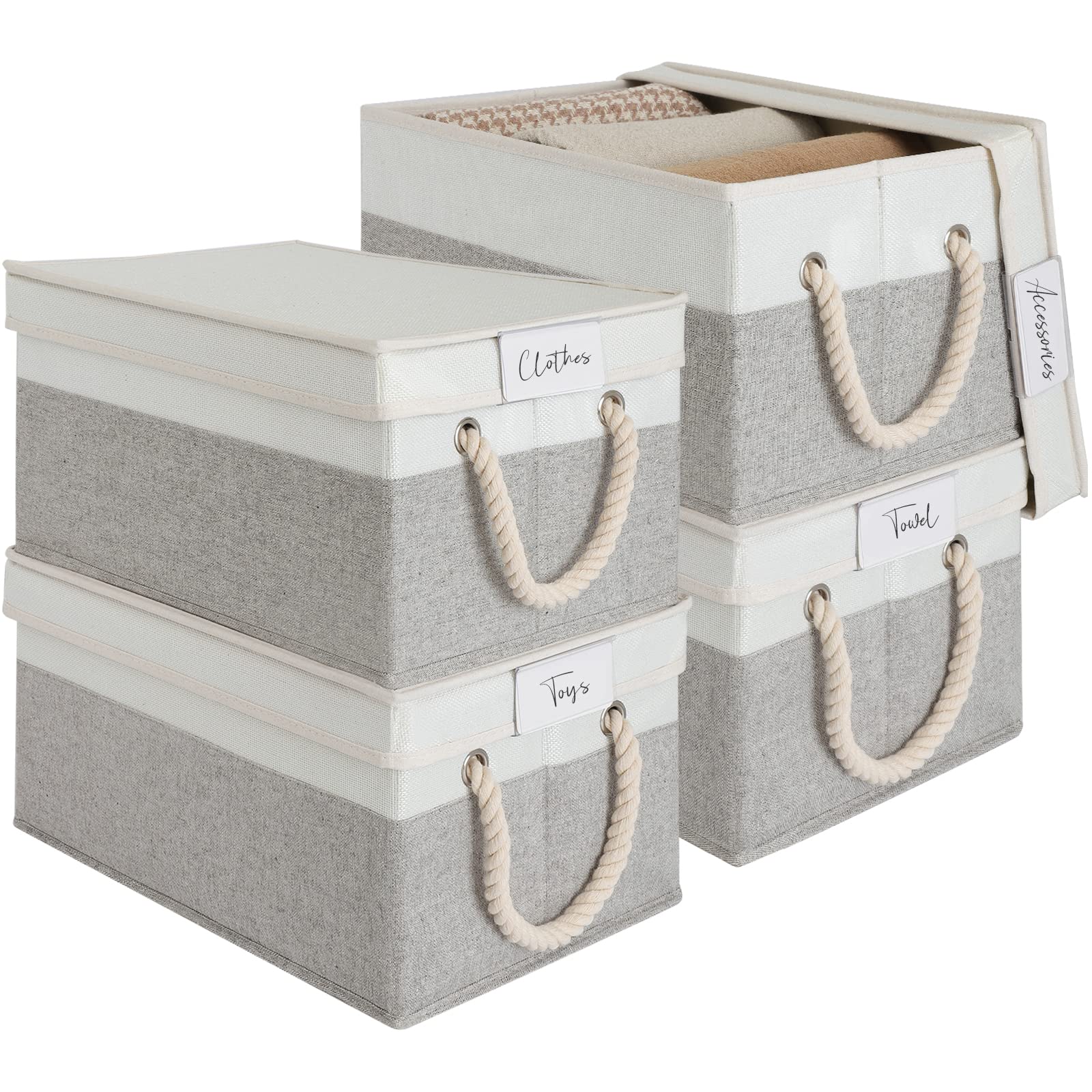 LoforHoney Home Fabric Storage Bins with Lids for Organizing, Foldable Storage Boxes with Lids for Shelves, Clothes Baskets with Cotton Rope Handles, Closet Storage Bins, Large, Beige & Gray, 4-Pack