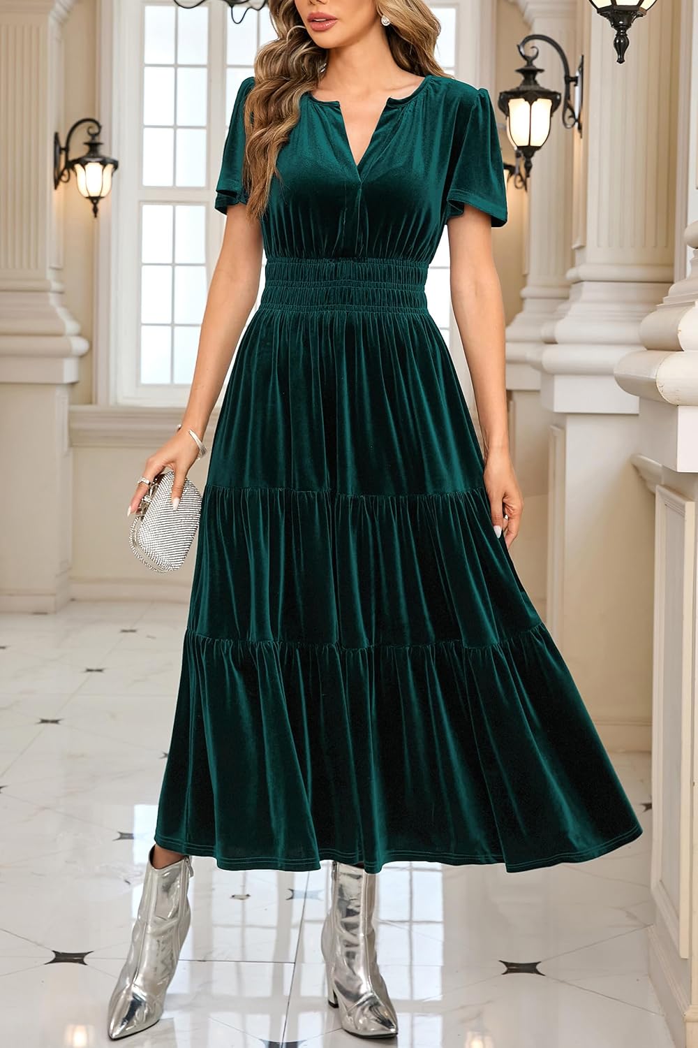 R.Vivimos Women's Fall Winter Vintage Velvet Dress Short Sleeve V Neck Elastic Waist Tiered Ruffle A-Line Flowy Maxi Dress - Image 5