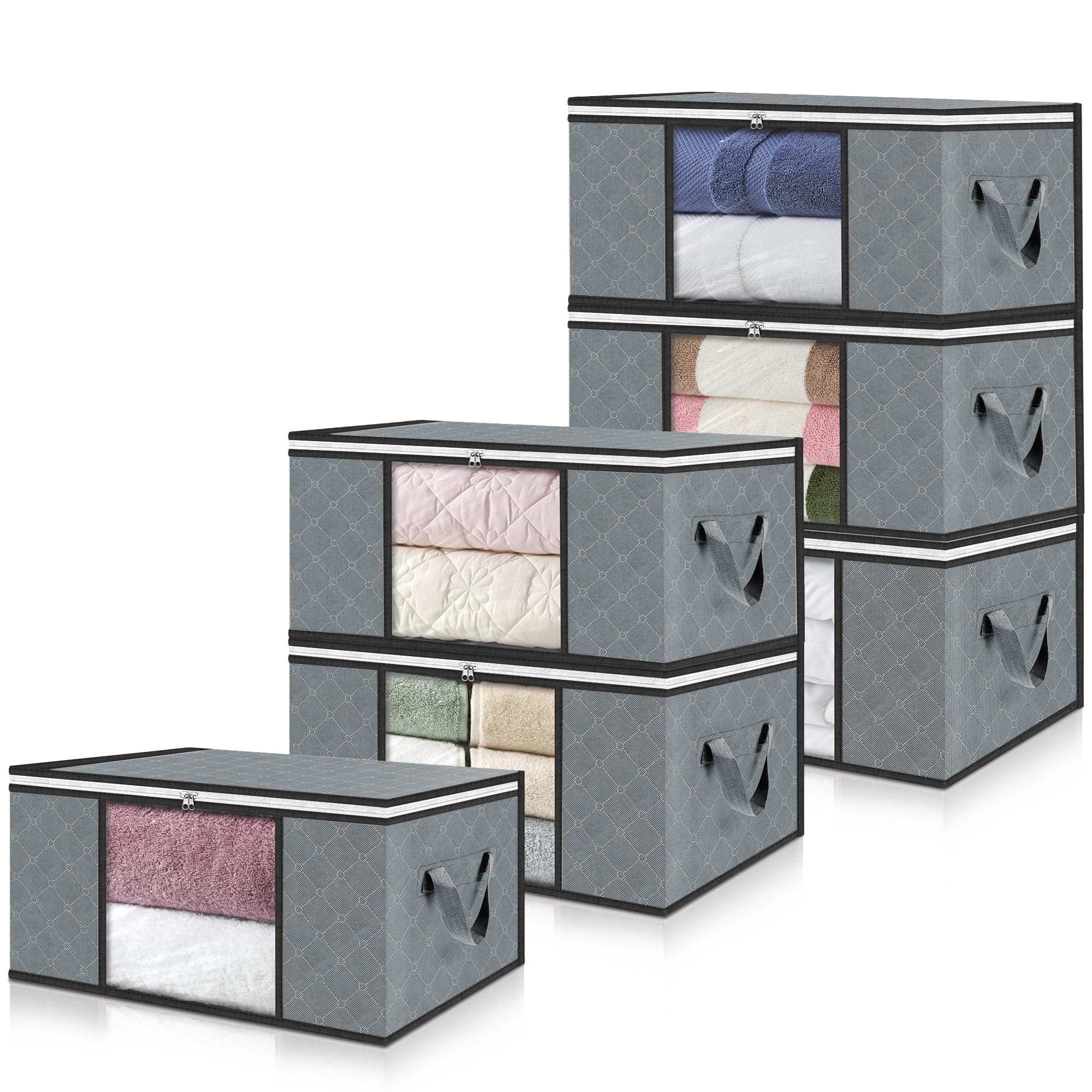 unycos - Cajas para Almacenaje de Ropa x 6【35L】Bolsas Plegables con Ventana Transparente, Doble Cremallera y Asas Reforzadas, Organizador de Toallas, Edredones, Juguetes | Hasta 10 kg (Grey/Black)