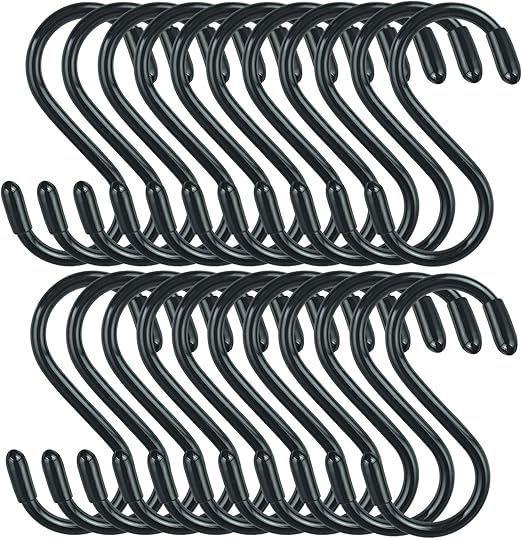 30 Pack Vinyl Coated Heavy Duty S Hooks for Hanging Plants, Clothes, Non Slip Steel Metal Black Rubber Coated Closet S Hooks for Hanging Jeans, Jewelry, Pot, Pan