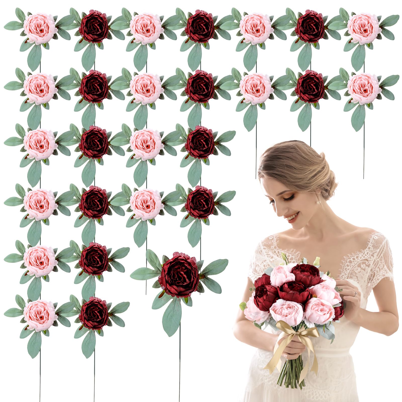 Zeyune 50Pcs Wedding Artificial Peonies 4 Inch Fake Silk Peony Faux Artificial Valentine Flower Bulk Rose Flower Head for Valentine Decoration Vintage