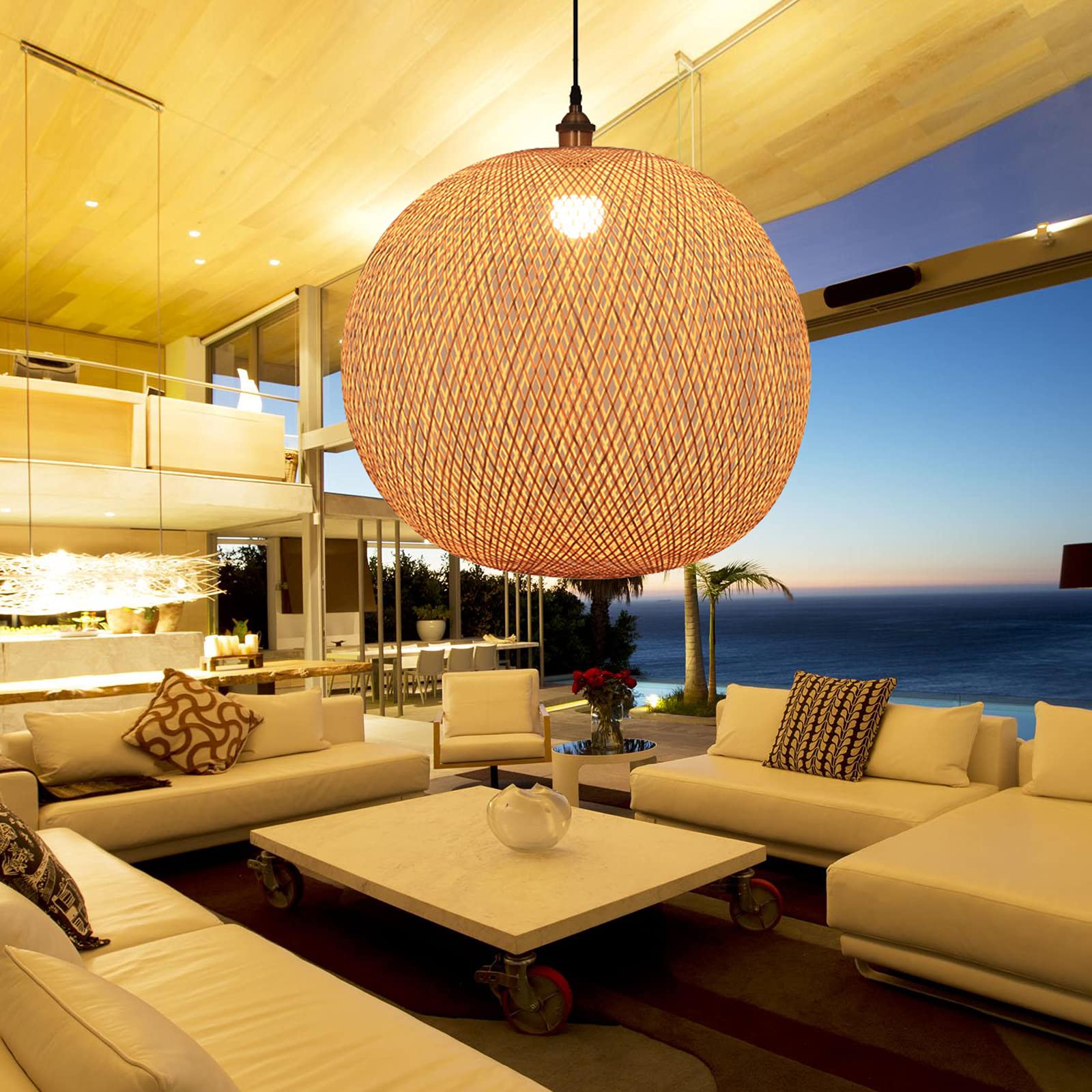 GCQBamboo Lantern Chandelier, Retro Japanese Style E27 Chandelier Hanging Light Ceiling Lighting Fixture for Living Room Bedroom Restaurant Cafe Teahouse Bar Dining Room Club