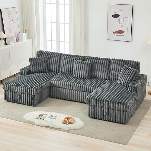 122" Oversized U-Shaped Sleeper Sofa with Pull-Out Bed & Double Storage Chaise - Gray Rabbit Plush Corduroy Fabric for Living Room, Sturdy Frame, Ample Space, Retro Style, Sofa Bed/Deep Grey