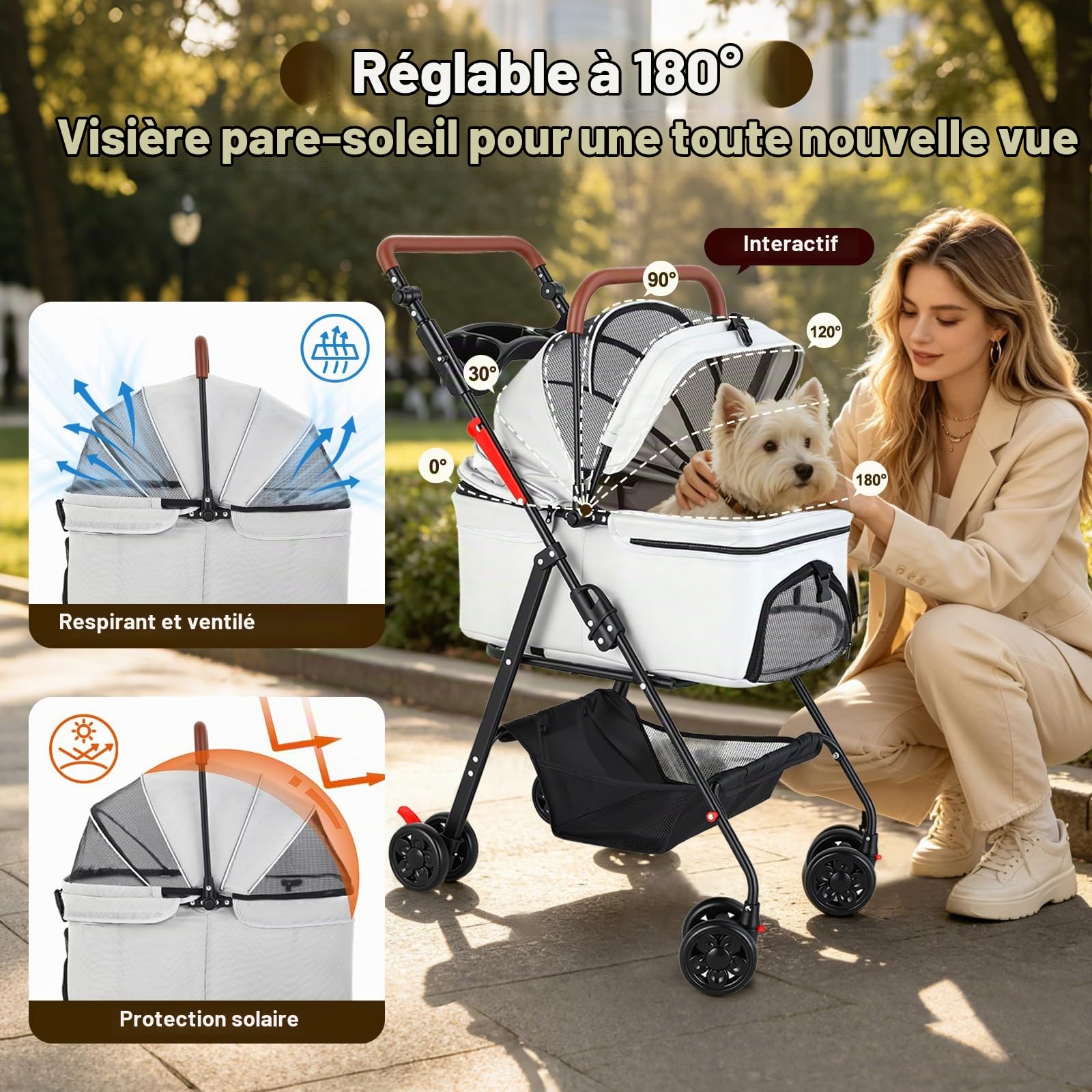 Poussette 3 en 1, pour chiens de taille moyenne, pliable, jusqu'à 20 kg, avec espace de rangement, siège auto amovible et compartiment alimentaire