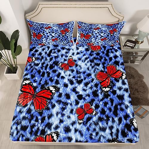 Erosebridal Sábanas de cama con estampado de animales, diseño de leopardo azul, guepardo, tamaño Queen, sábanas de mariposas rojas, juego de ropa de disponible en Yaxa Costa Rica
