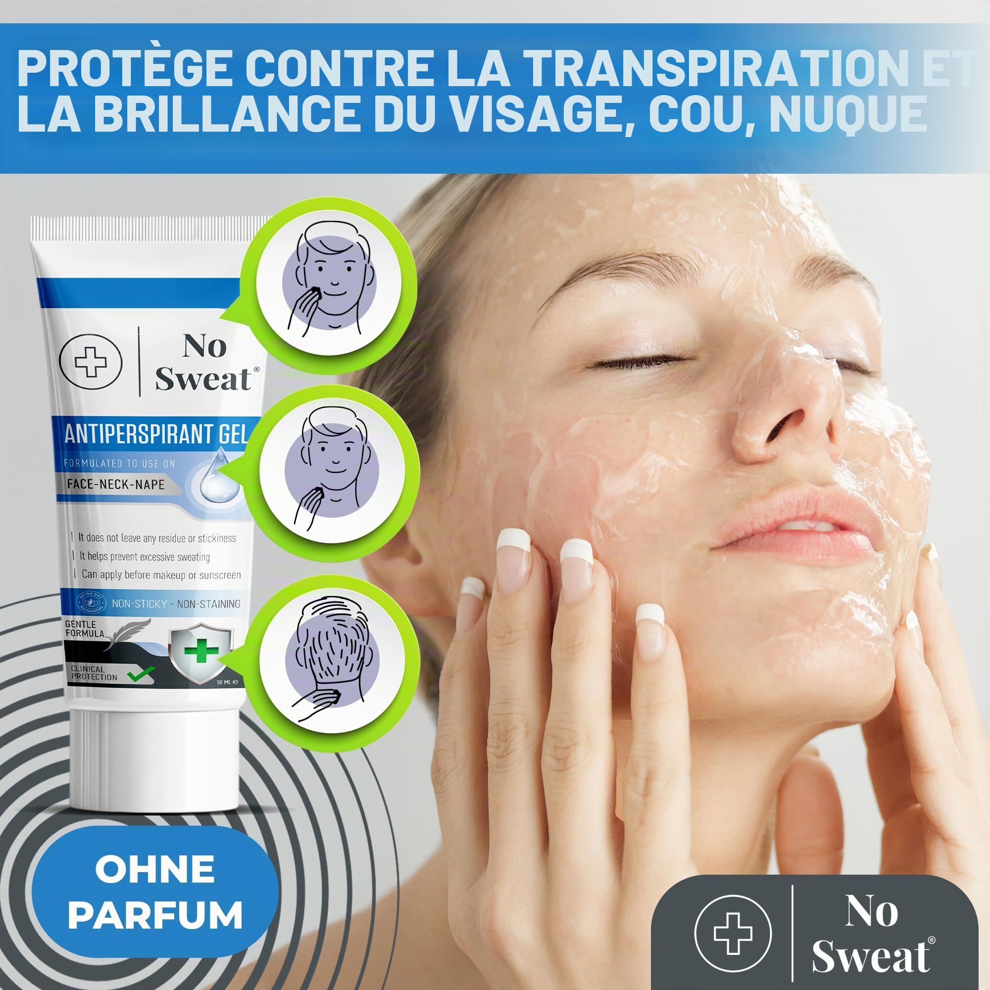 No Sweat Gel Anti-Transpirant 50 ml - Pour le Visage, le Cou et la Nuque - Prévient l'Excès de Transpiration et la Brillance - Idéal pour le Travail Actif