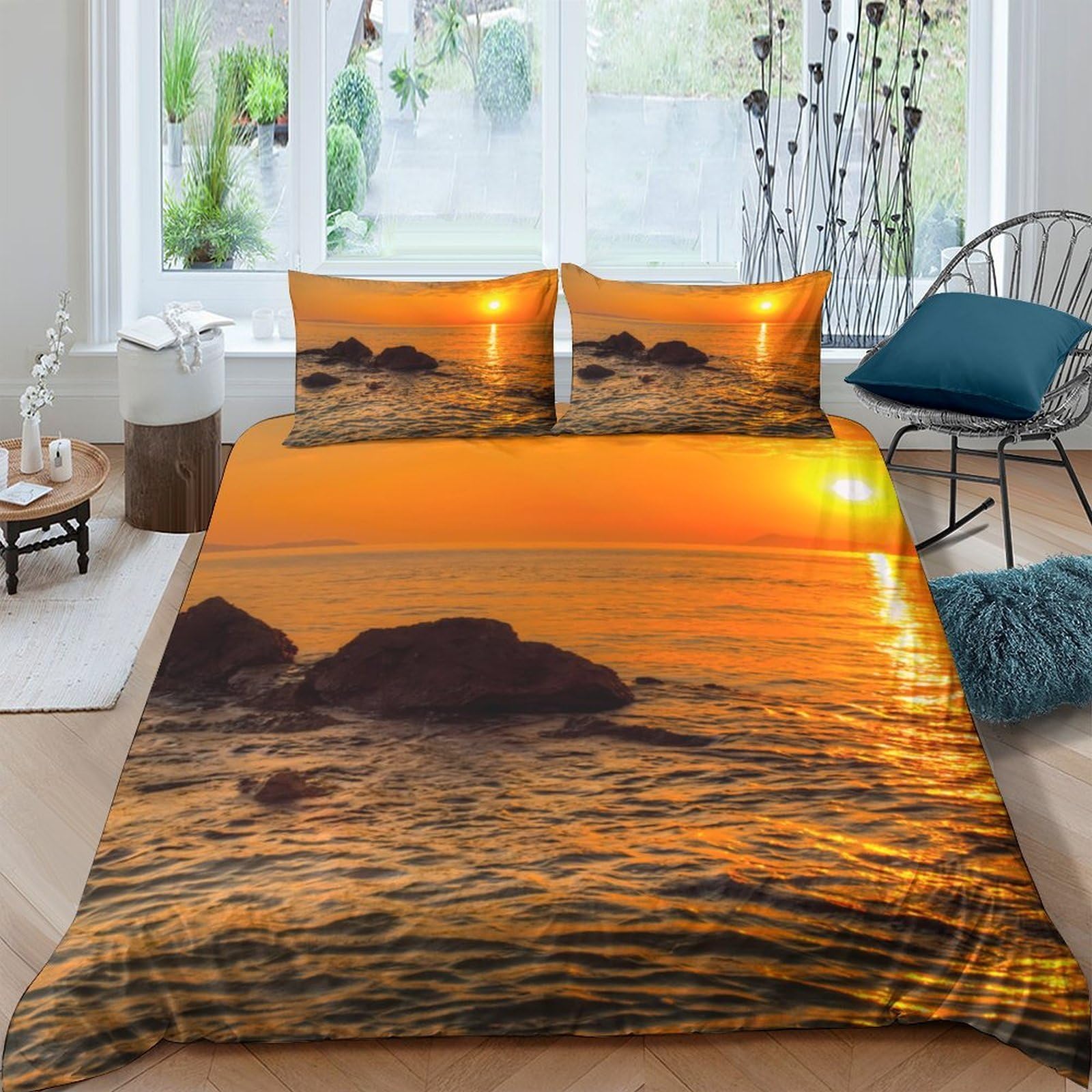 GPLZQXKJNH 3D Printed Sunset Ocean Duvet Cover Microfiber Soft Breathable Seaside Bedding Set with 2 Pillowcases for Bedroom Decor Single（135x200cm）