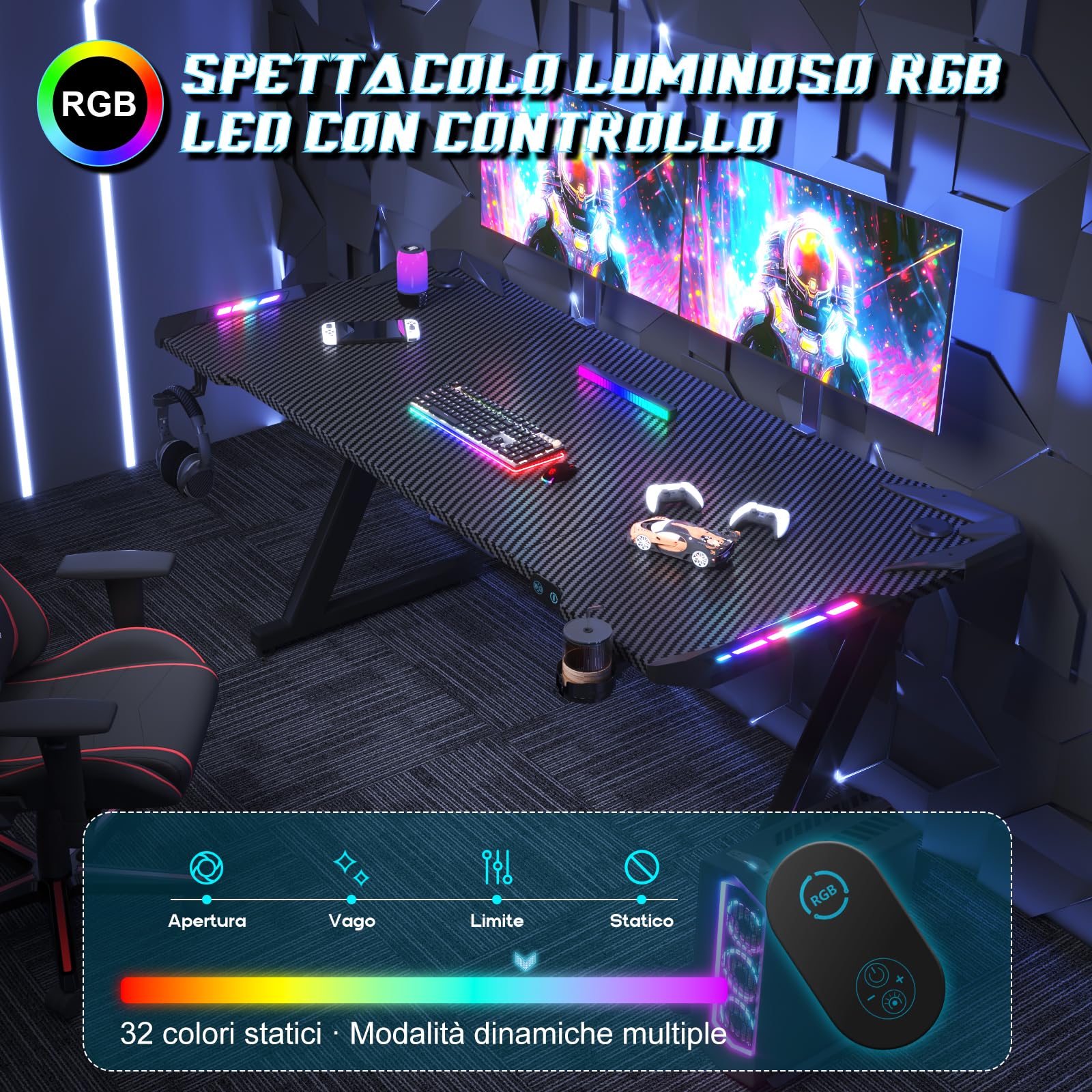Scrivania Gaming LED 160x60 cm - Tavolo Gaming Ergonomico con Ganci per Cuffie e Piano in Fibra di Carbonio Nero, Scrivania per Computer Illuminazione RGB Regolabile, per Setup Gamer Professionale
