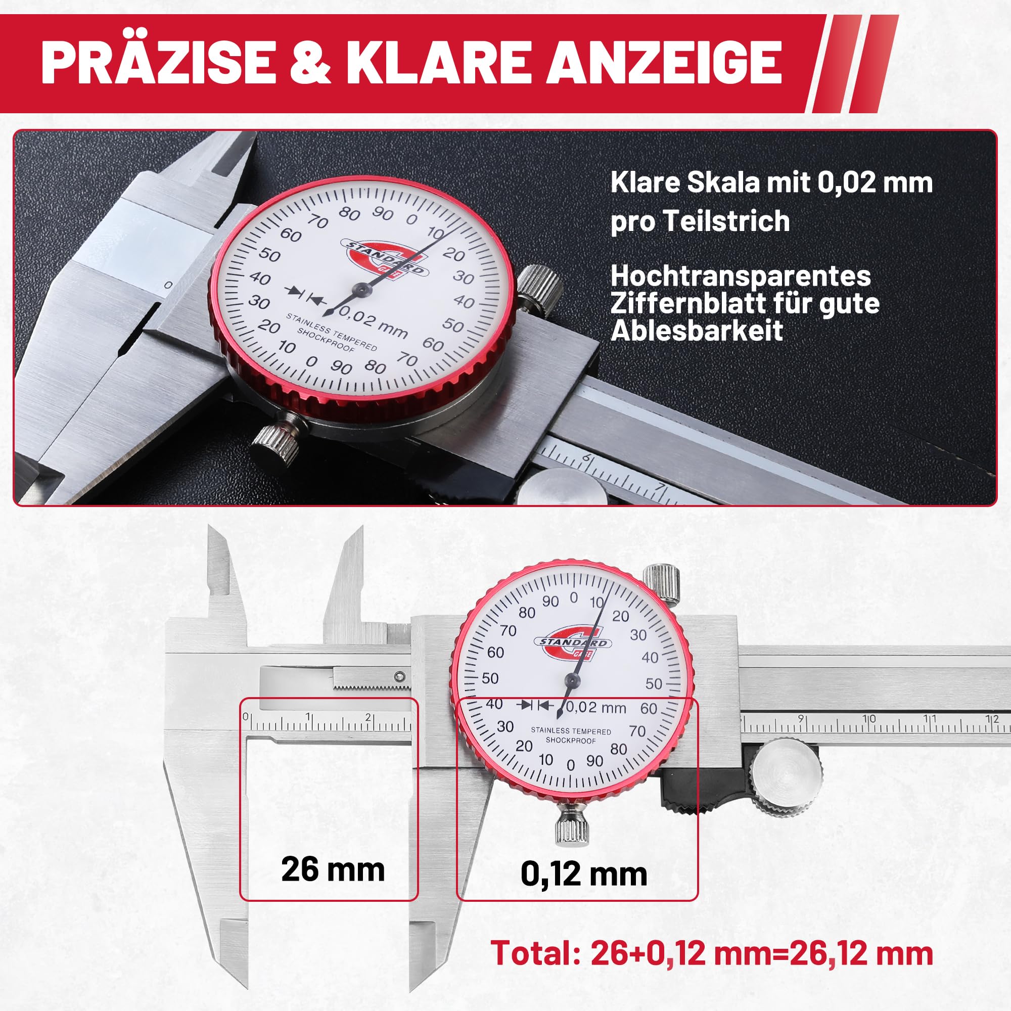 Messschieber mit Uhr 150mm, Metrischer Uhrenmessschieber, Ablesung 0,02 mm, Stoßfestes Zifferblatt Messschieber mit 4-Wege-Messungen, Hochpräziser Messwerkzeug für Messinstrument, DIY